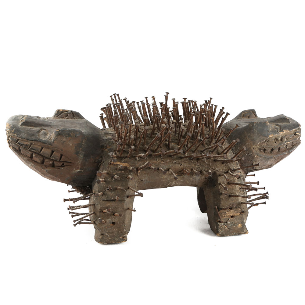 Vintage Bakongo Nkisi Nail Fetish Crocodile Sculpture