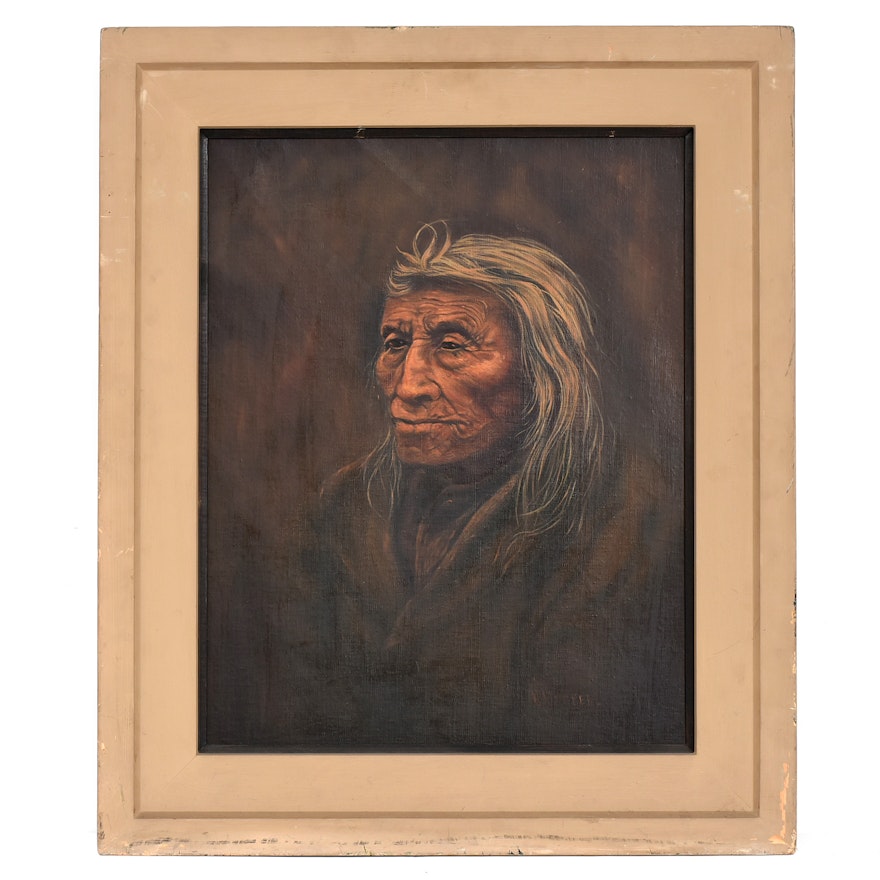 Mid 20th Century Oil Portrait on Masonite of a Native American Man