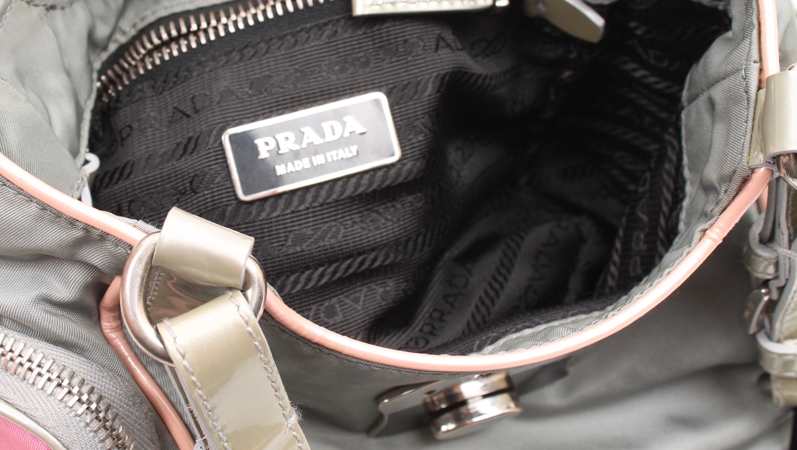 Prada Grey Nylon and Patent Leather Handbag Accented in Pink