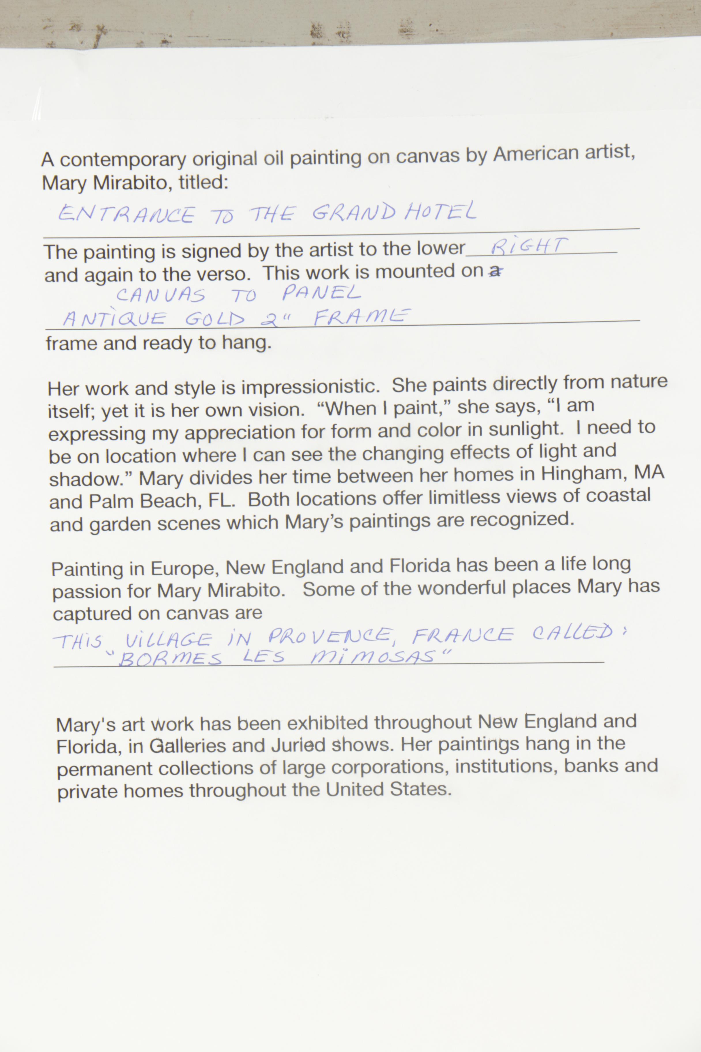 Mary Mirabito Oil Painting "Entrance to the Grand Hotel"