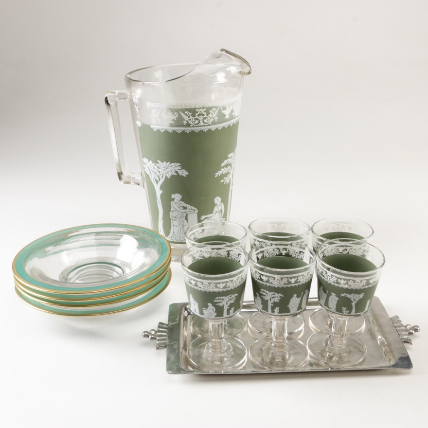 Vintage Jeanette "Hellenic Green" Glassware with Bowls and Buenilum Pewter Tray