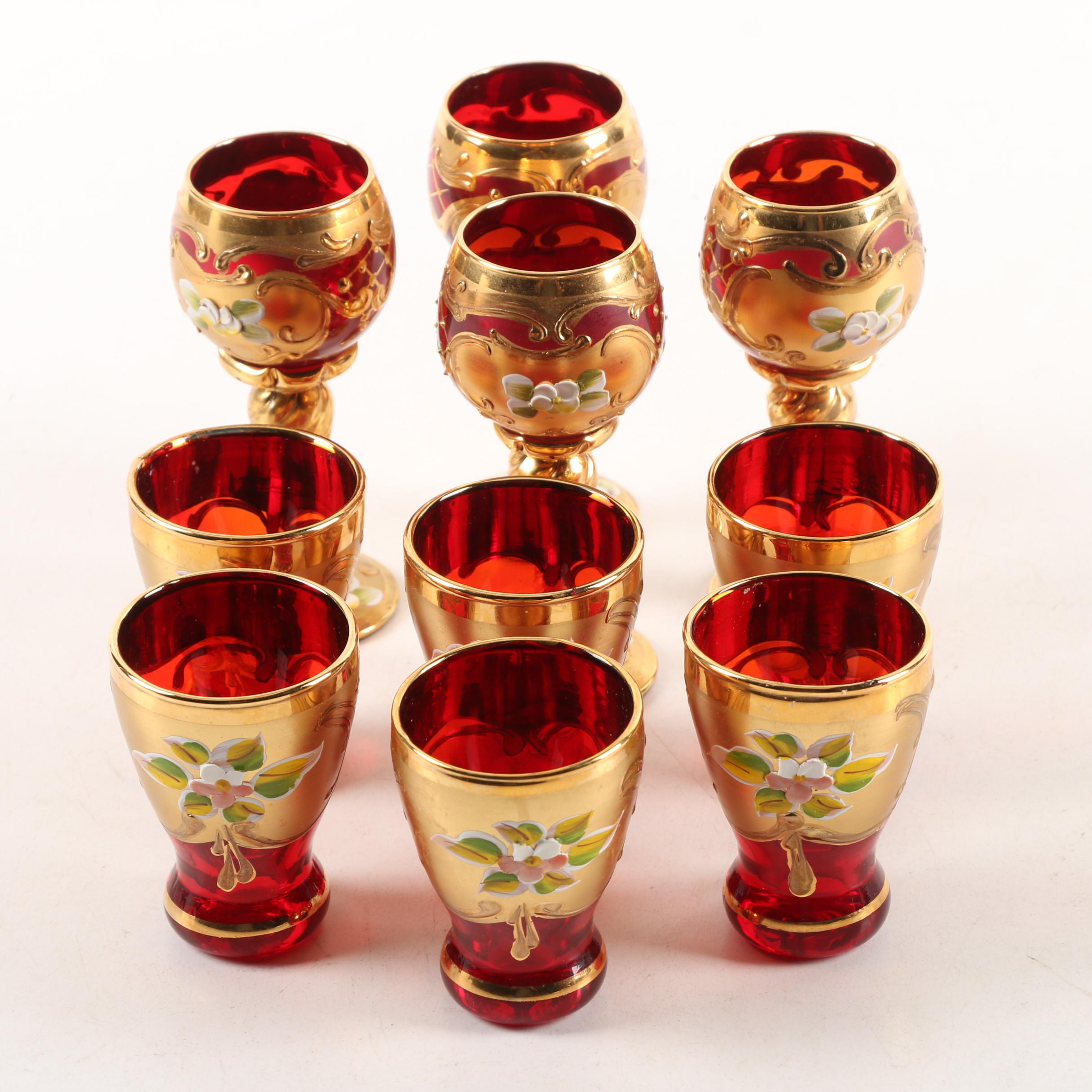 Bohemian Style Hand-Painted Ruby Cordial and Shot Glasses