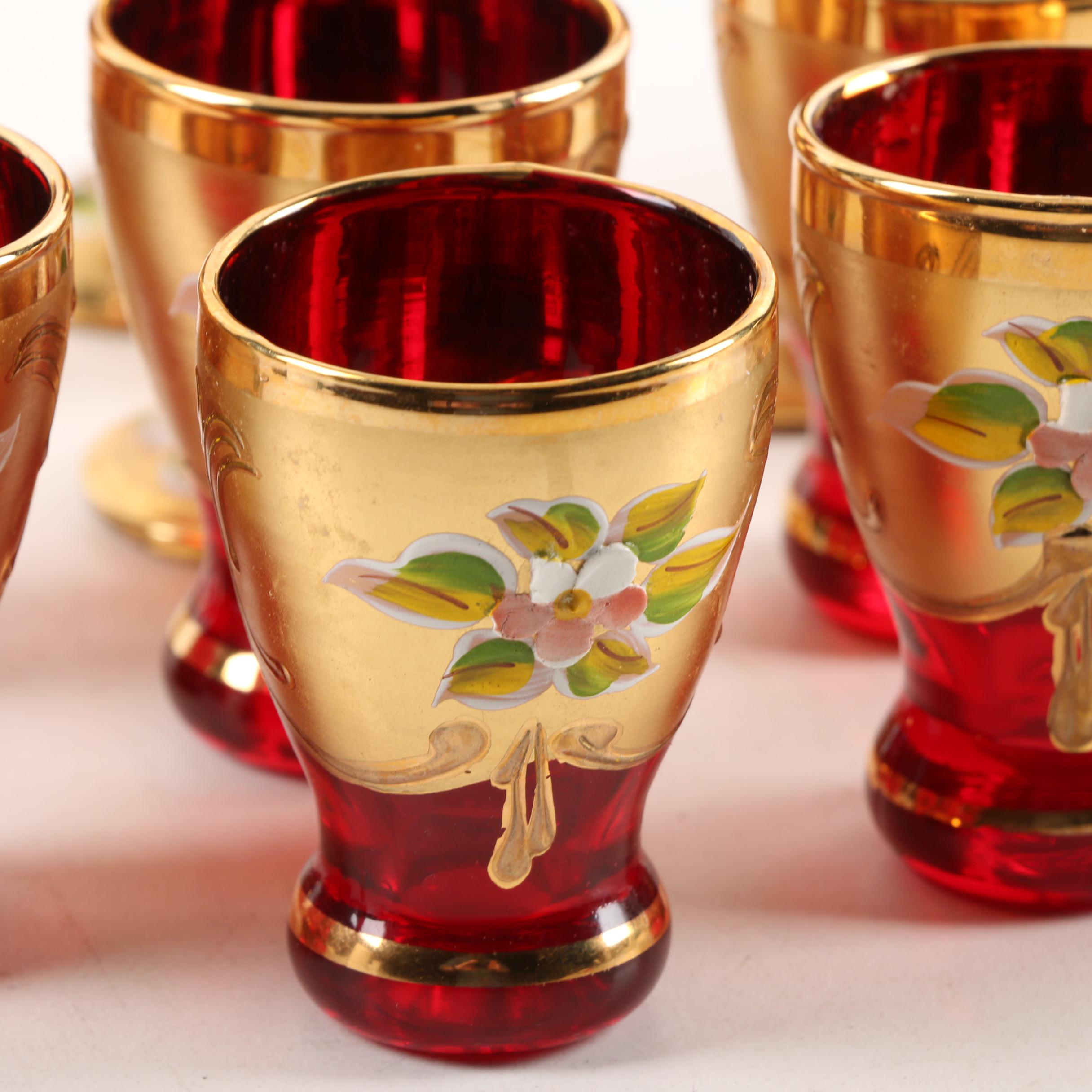 Bohemian Style Hand-Painted Ruby Cordial and Shot Glasses