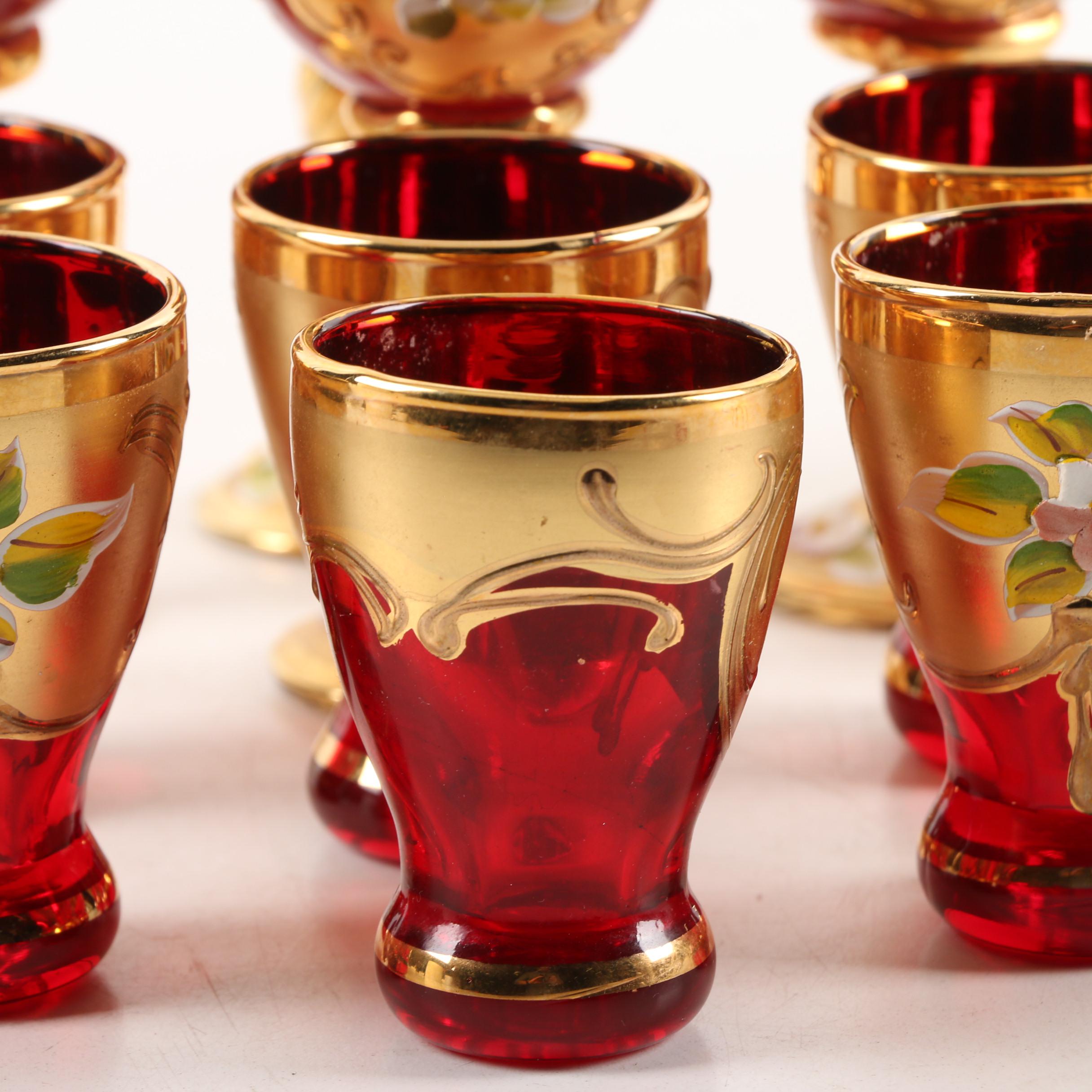 Bohemian Style Hand-Painted Ruby Cordial and Shot Glasses