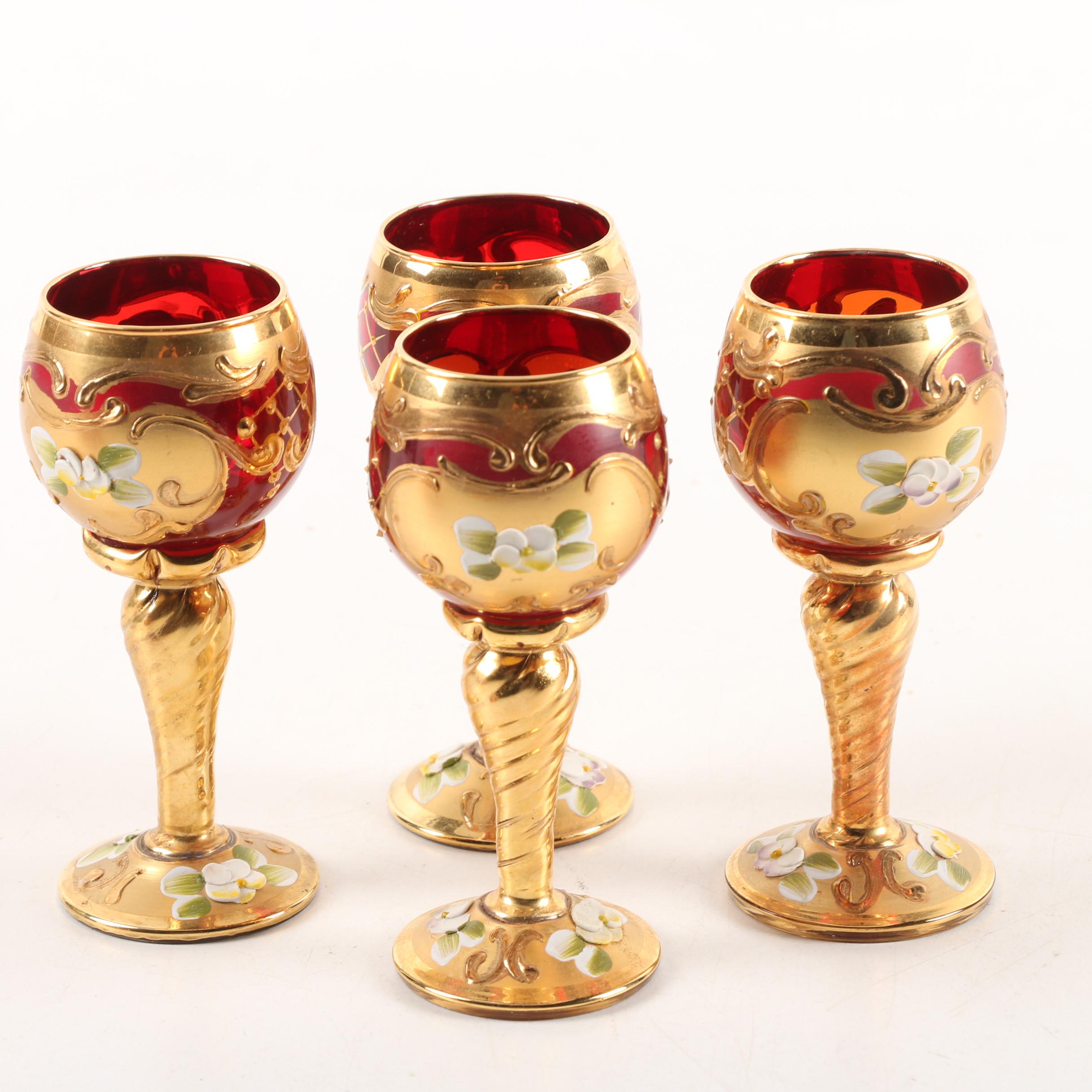 Bohemian Style Hand-Painted Ruby Cordial and Shot Glasses