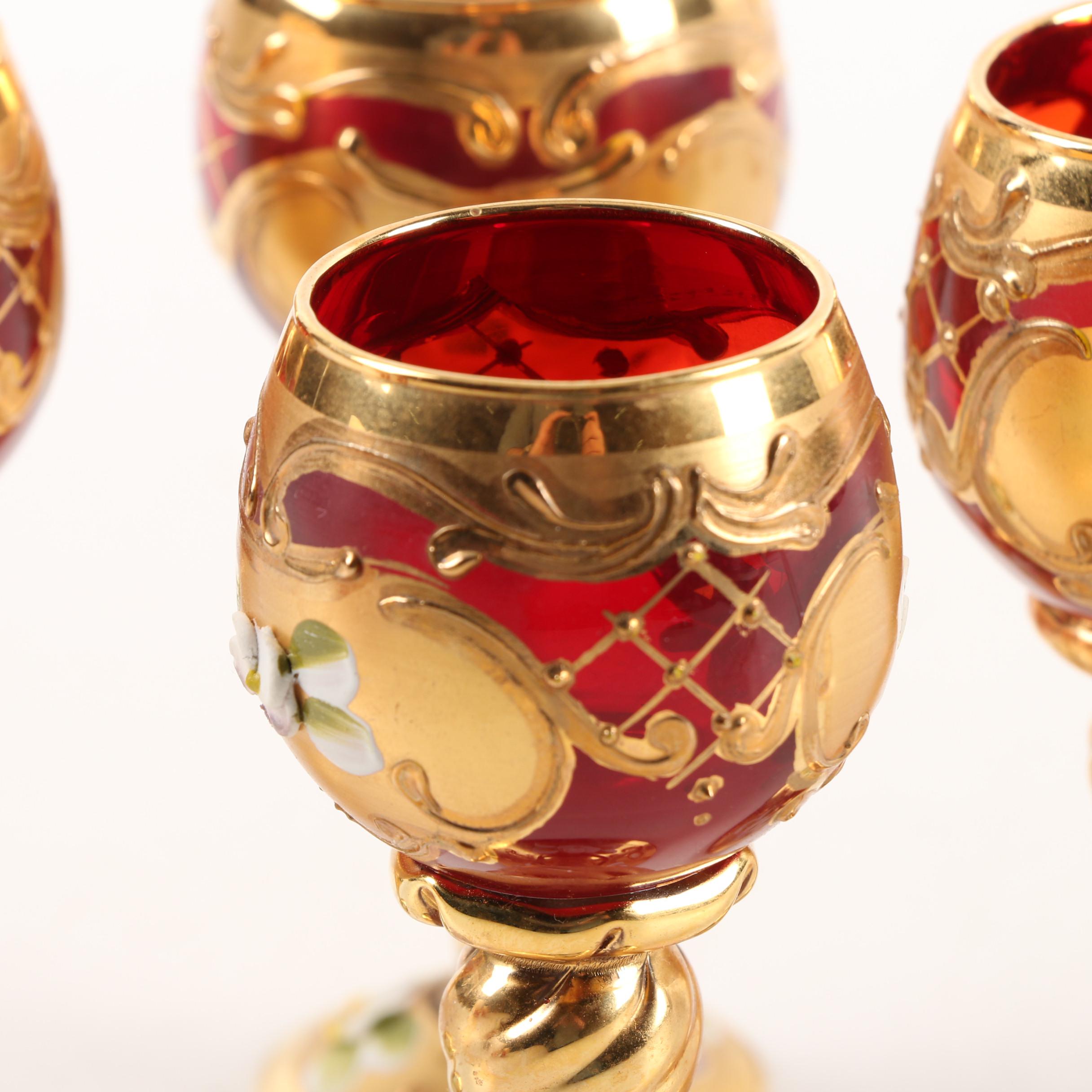 Bohemian Style Hand-Painted Ruby Cordial and Shot Glasses