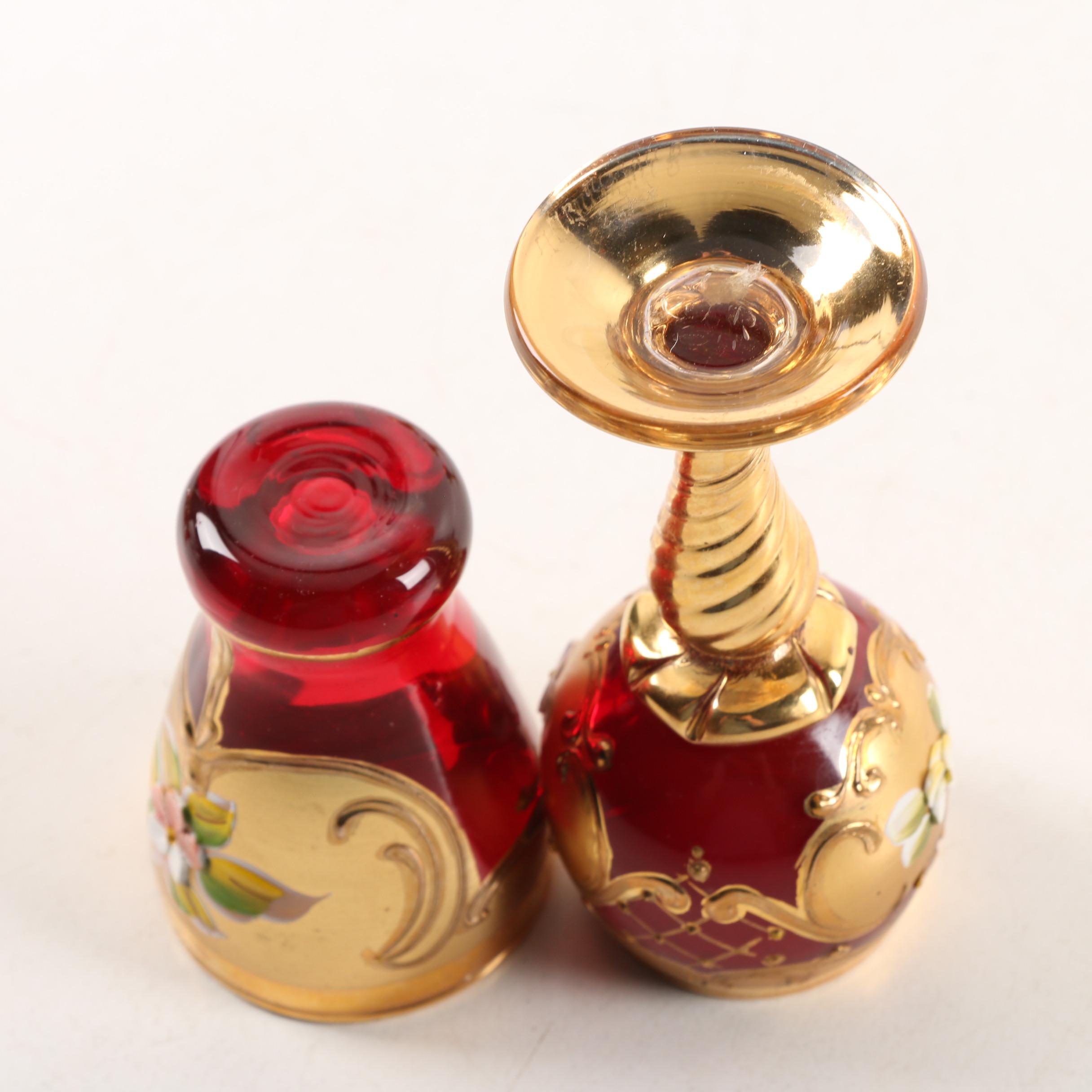 Bohemian Style Hand-Painted Ruby Cordial and Shot Glasses
