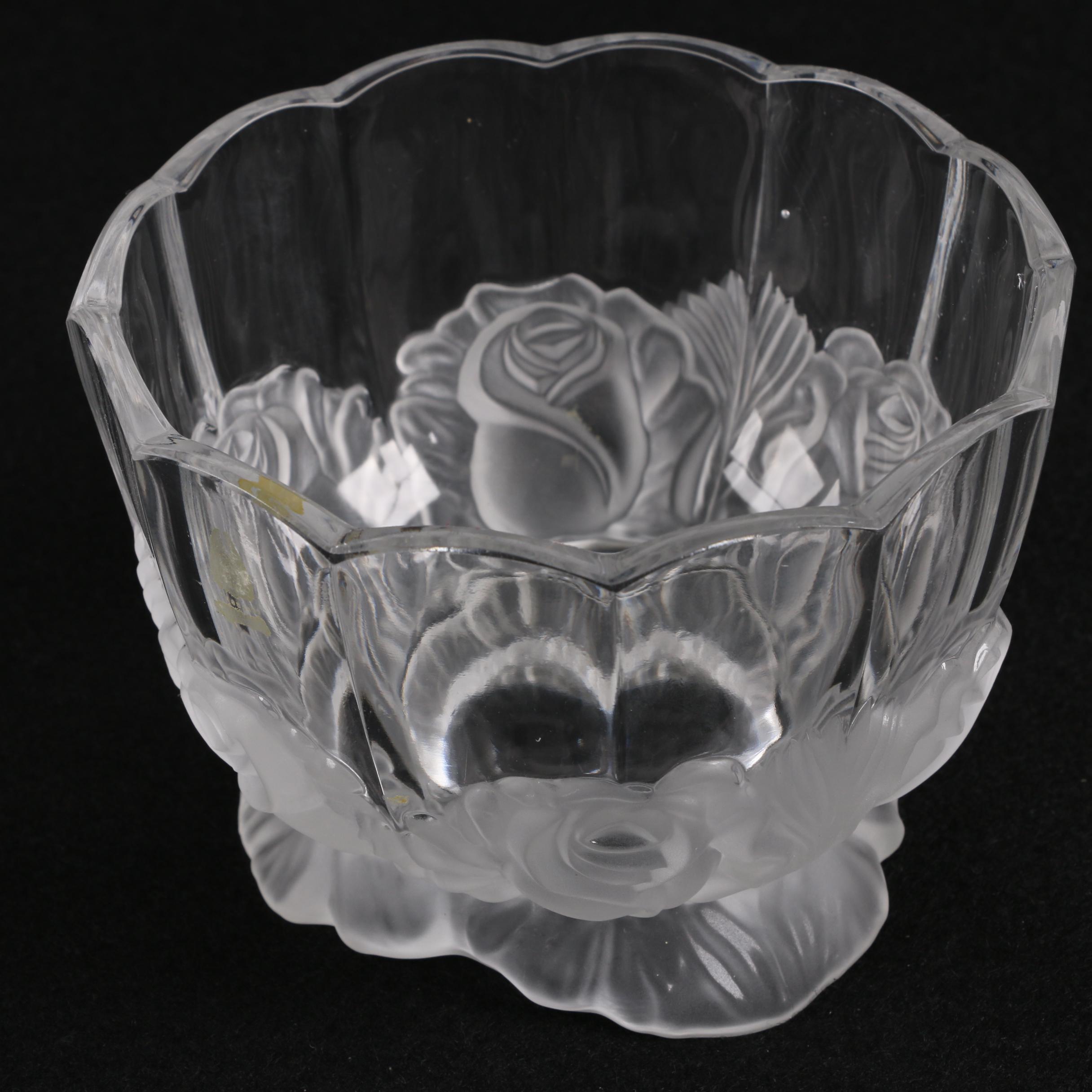 Lalique Style Glass Bowl with Frosted Roses