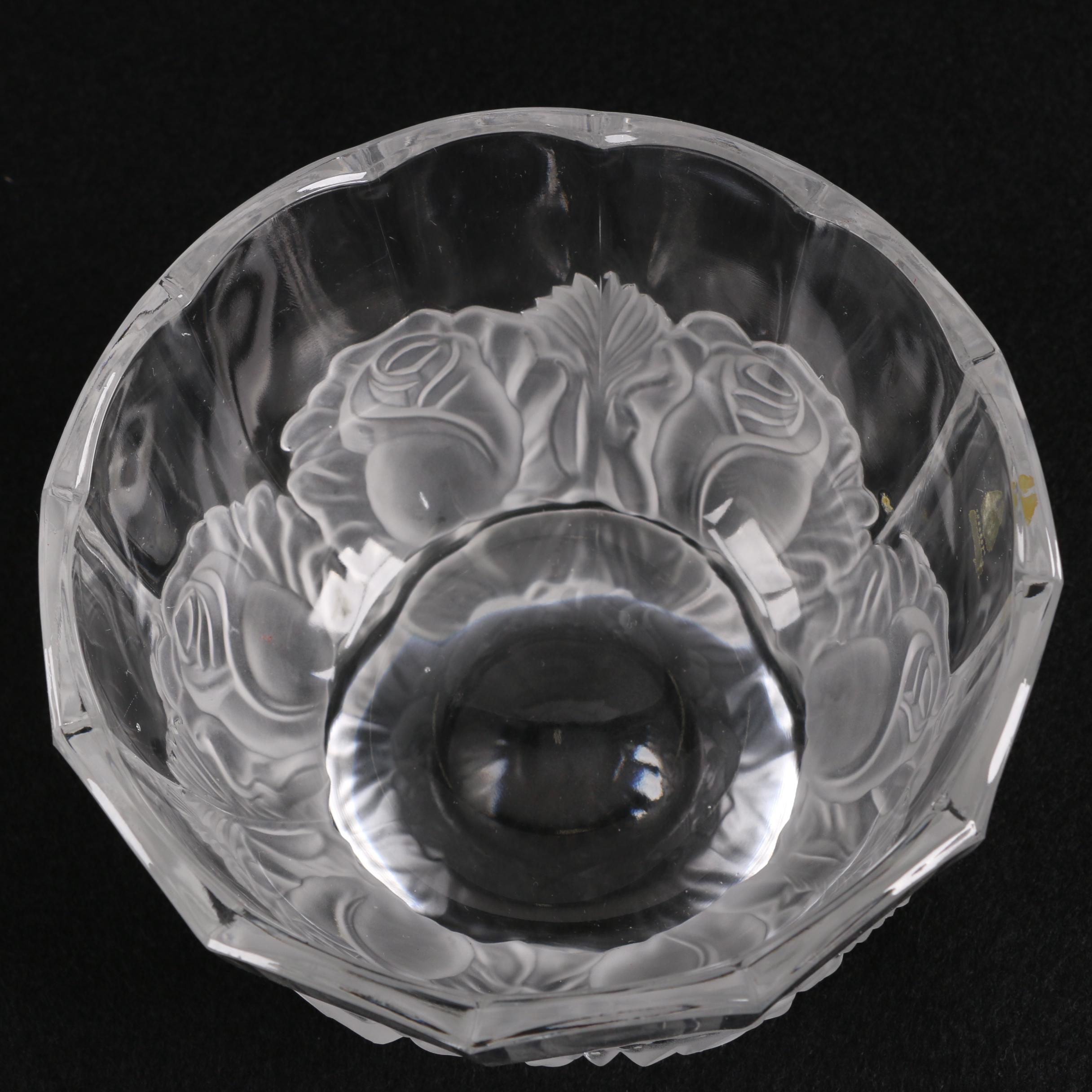 Lalique Style Glass Bowl with Frosted Roses