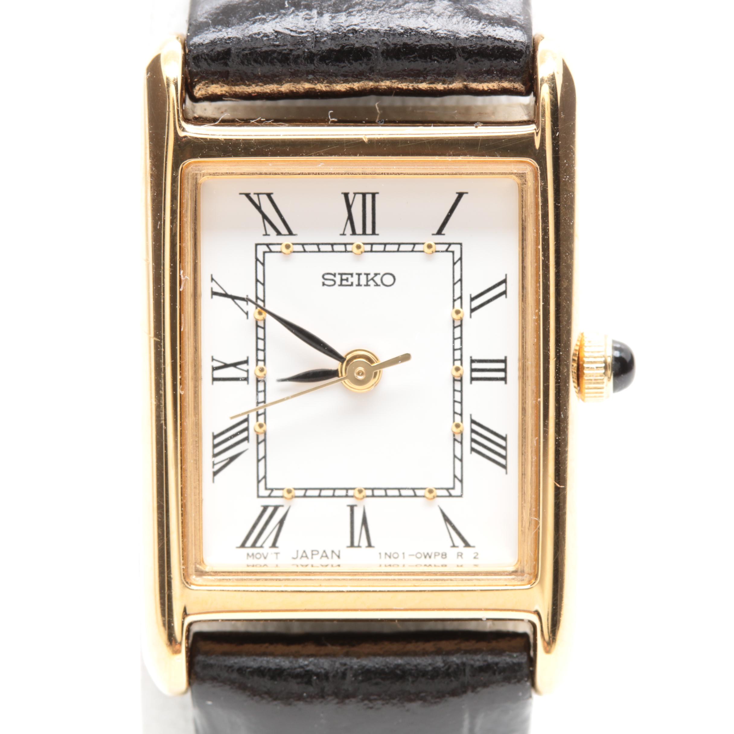 Seiko Gold Tone Stainless Steel and Leather Tank Watch