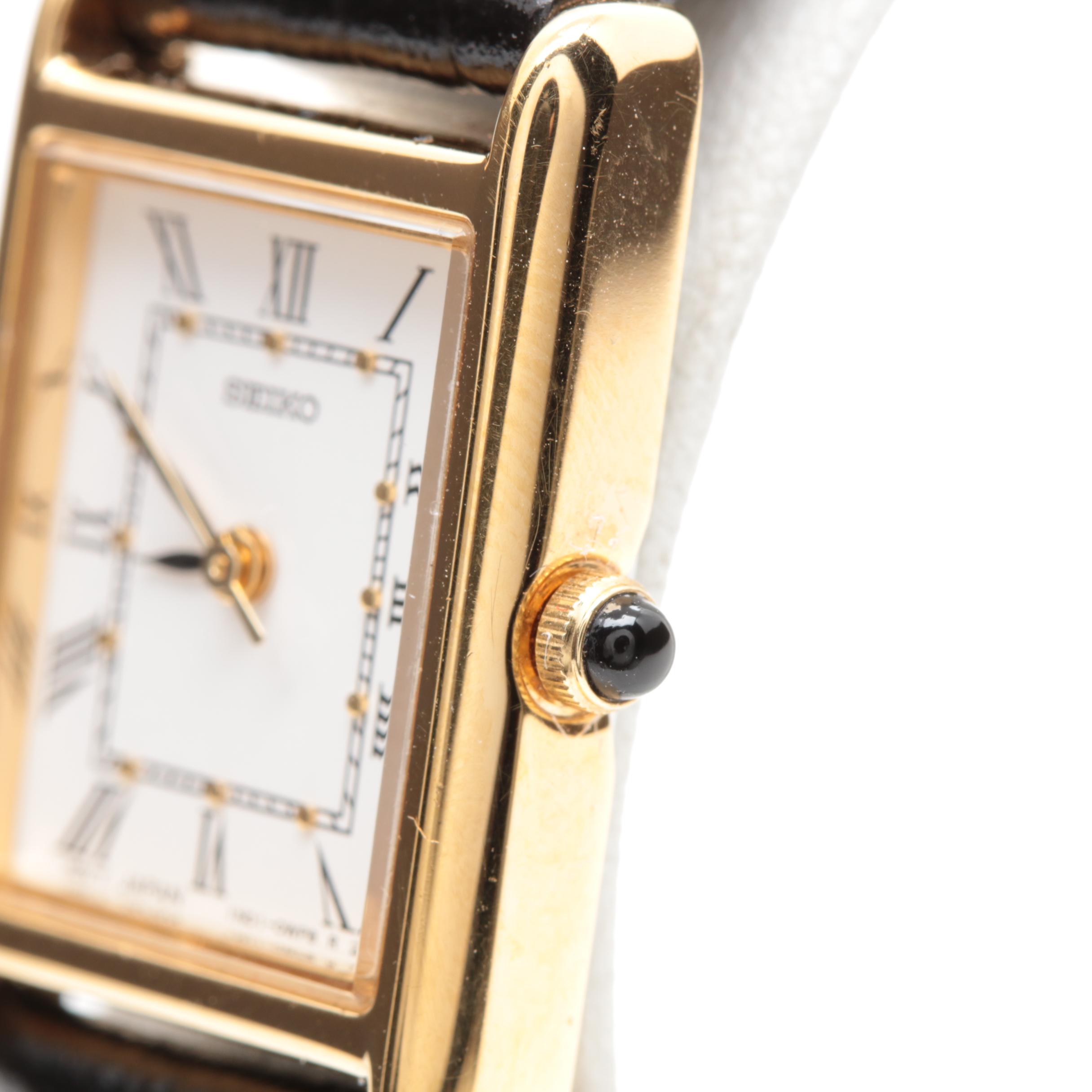 Seiko Gold Tone Stainless Steel and Leather Tank Watch