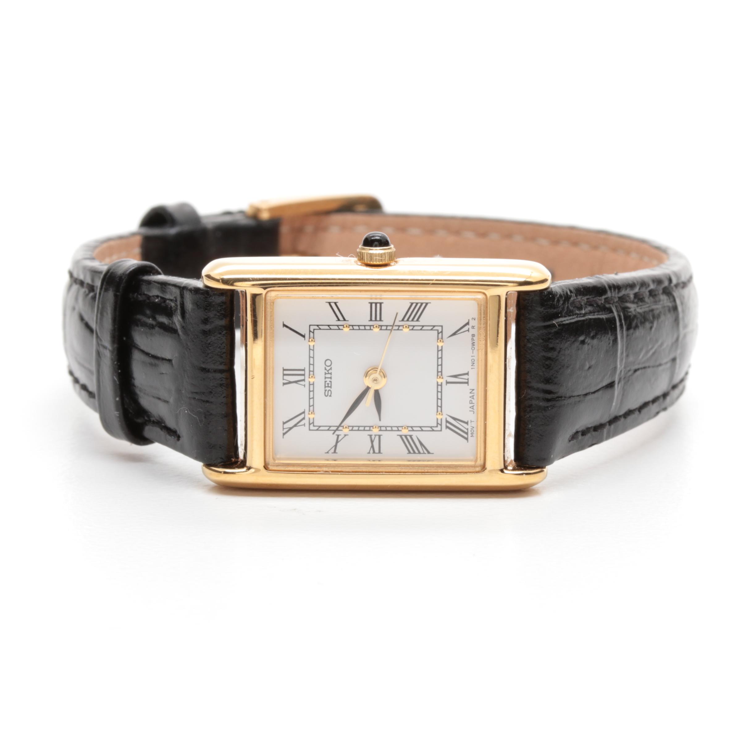 Seiko Gold Tone Stainless Steel and Leather Tank Watch
