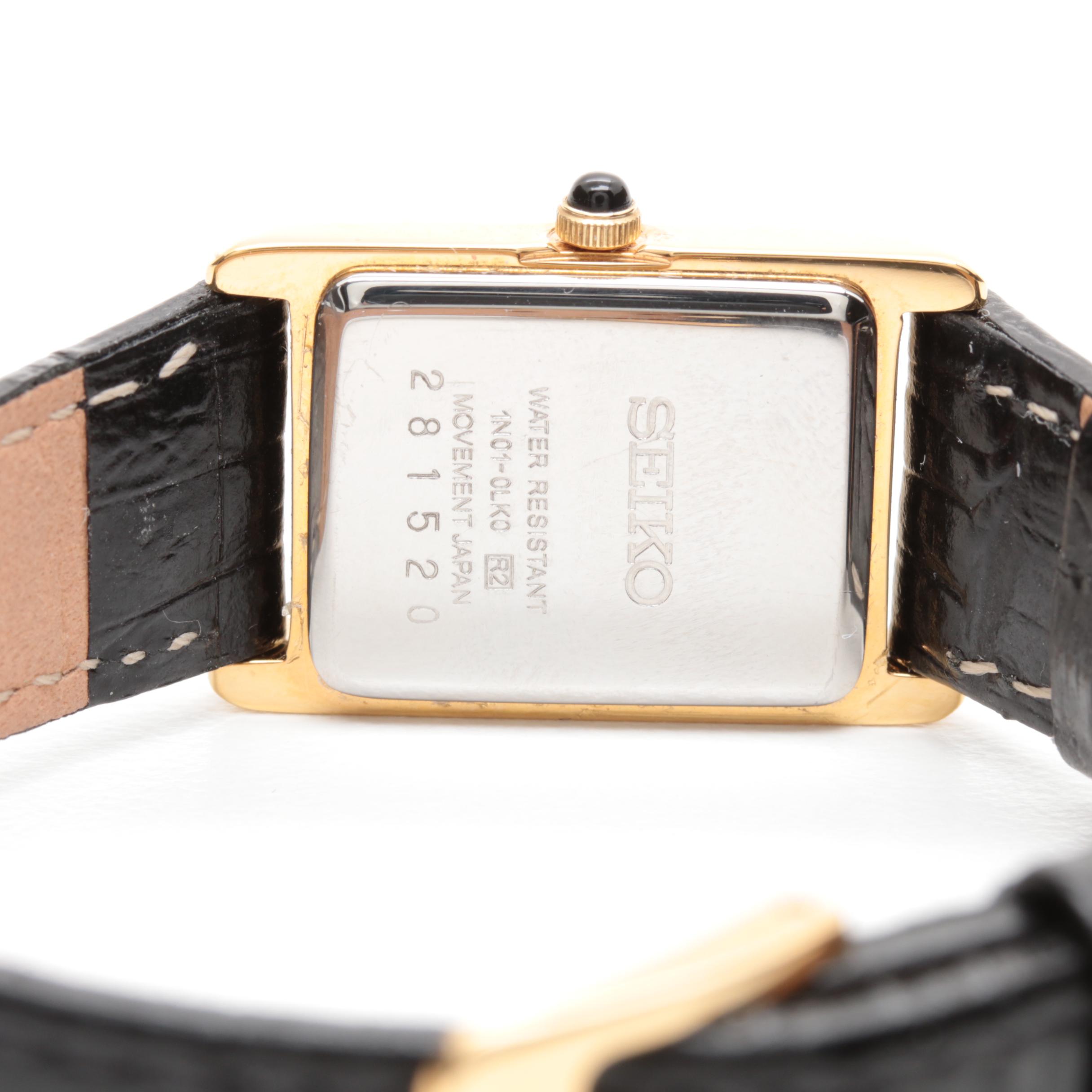 Seiko Gold Tone Stainless Steel and Leather Tank Watch