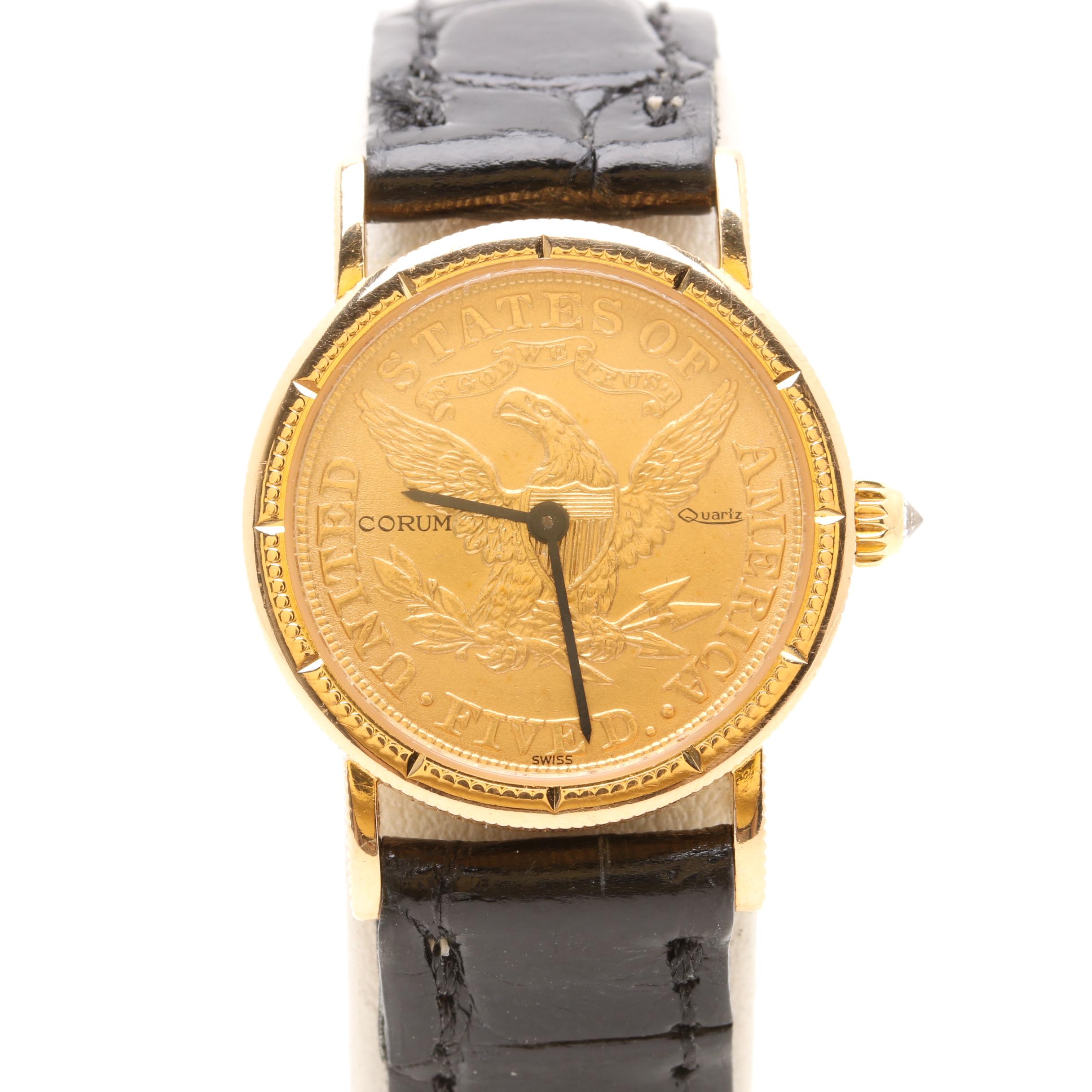 Corum 18K and 22K Yellow Gold 1887 Liberty Head Coin Leather Watch