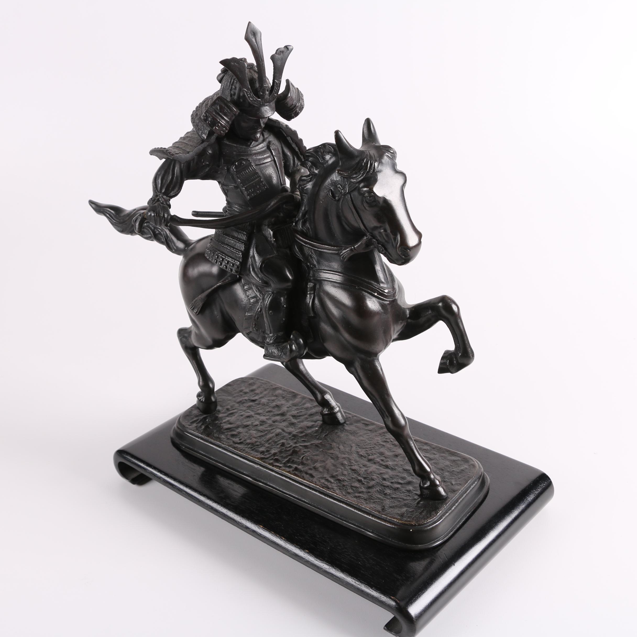 Reproduction Brass Sculpture of Samurai Warrior on Horse