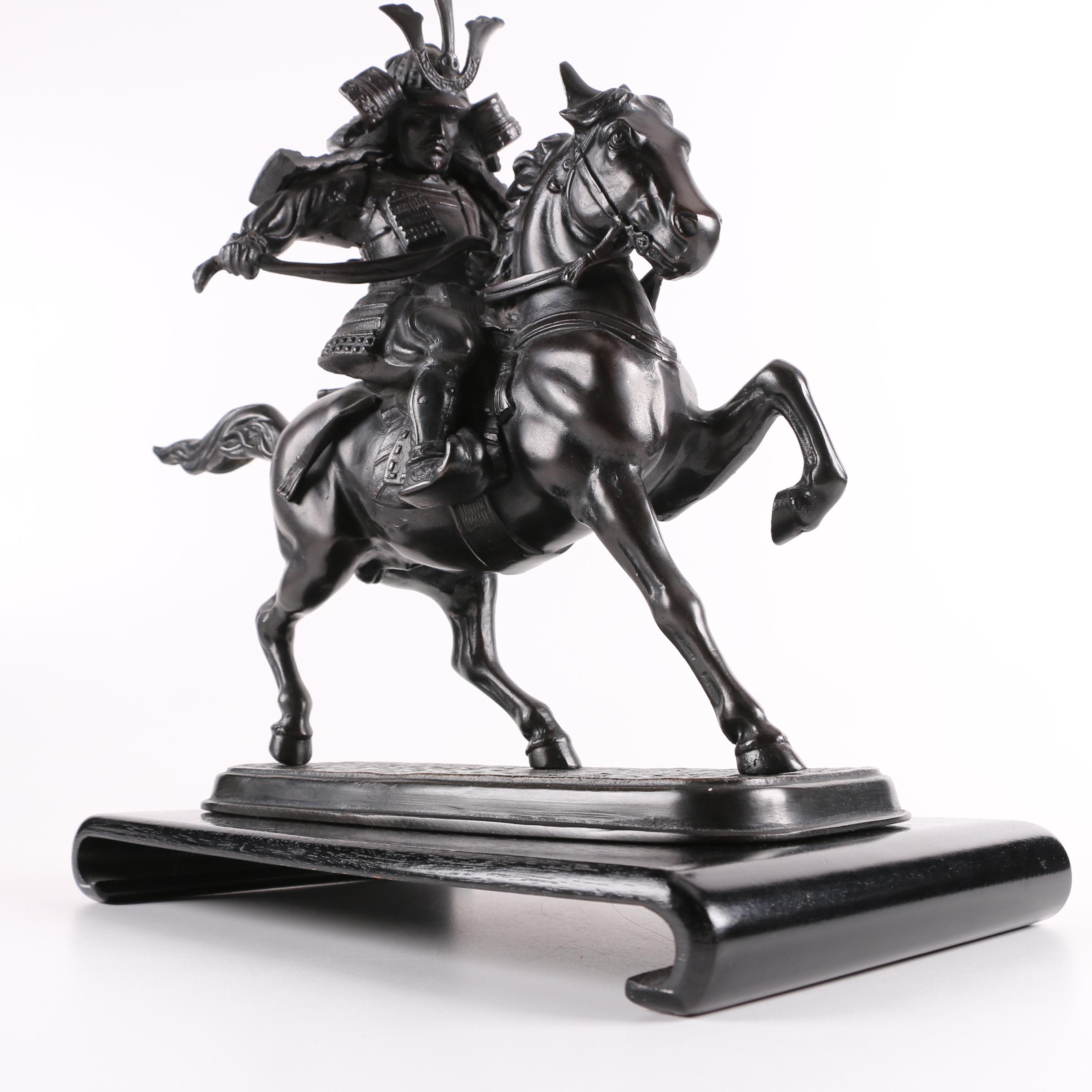 Reproduction Brass Sculpture of Samurai Warrior on Horse