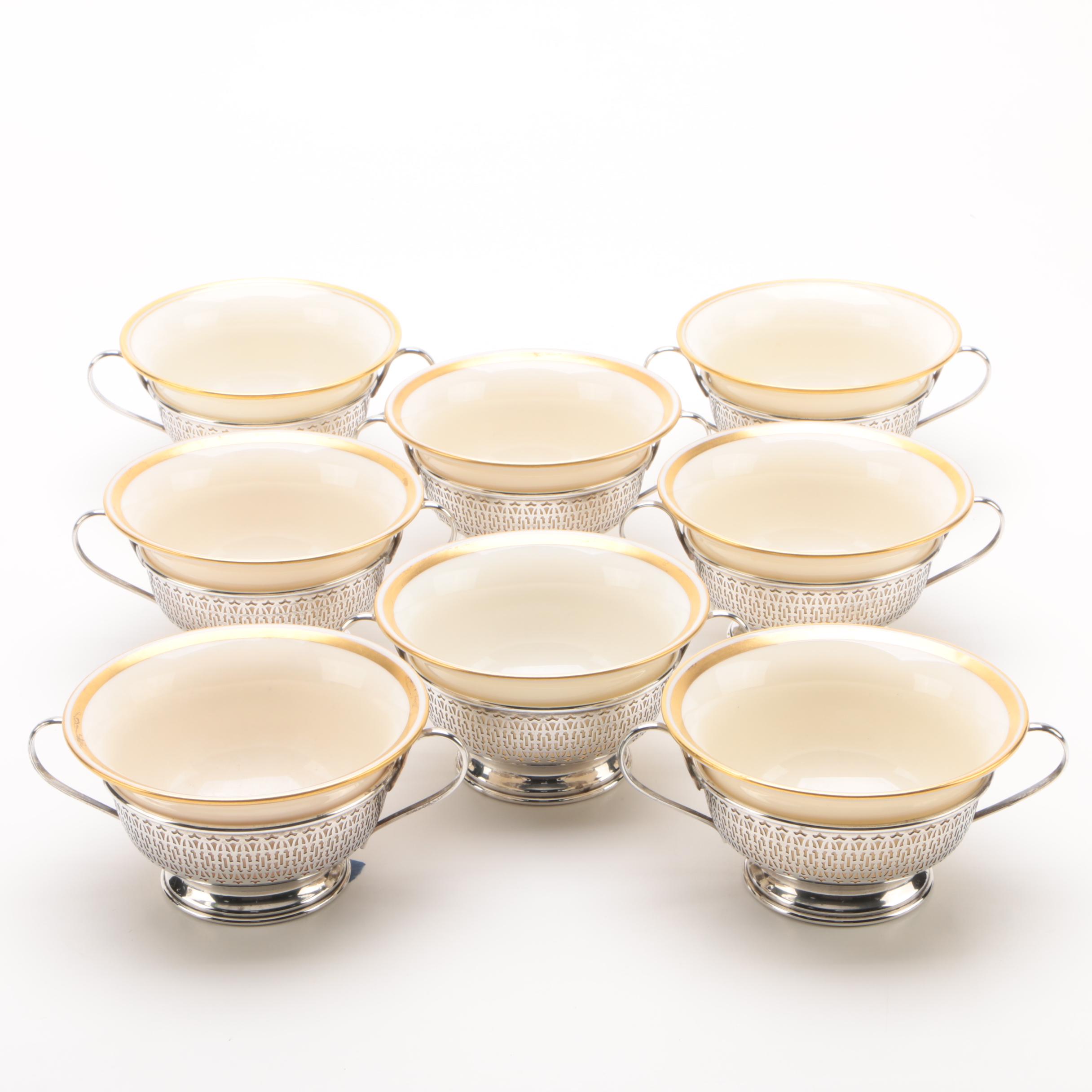 International Silver Co. Sterling Bouillon Cup Frames with Lenox Inserts