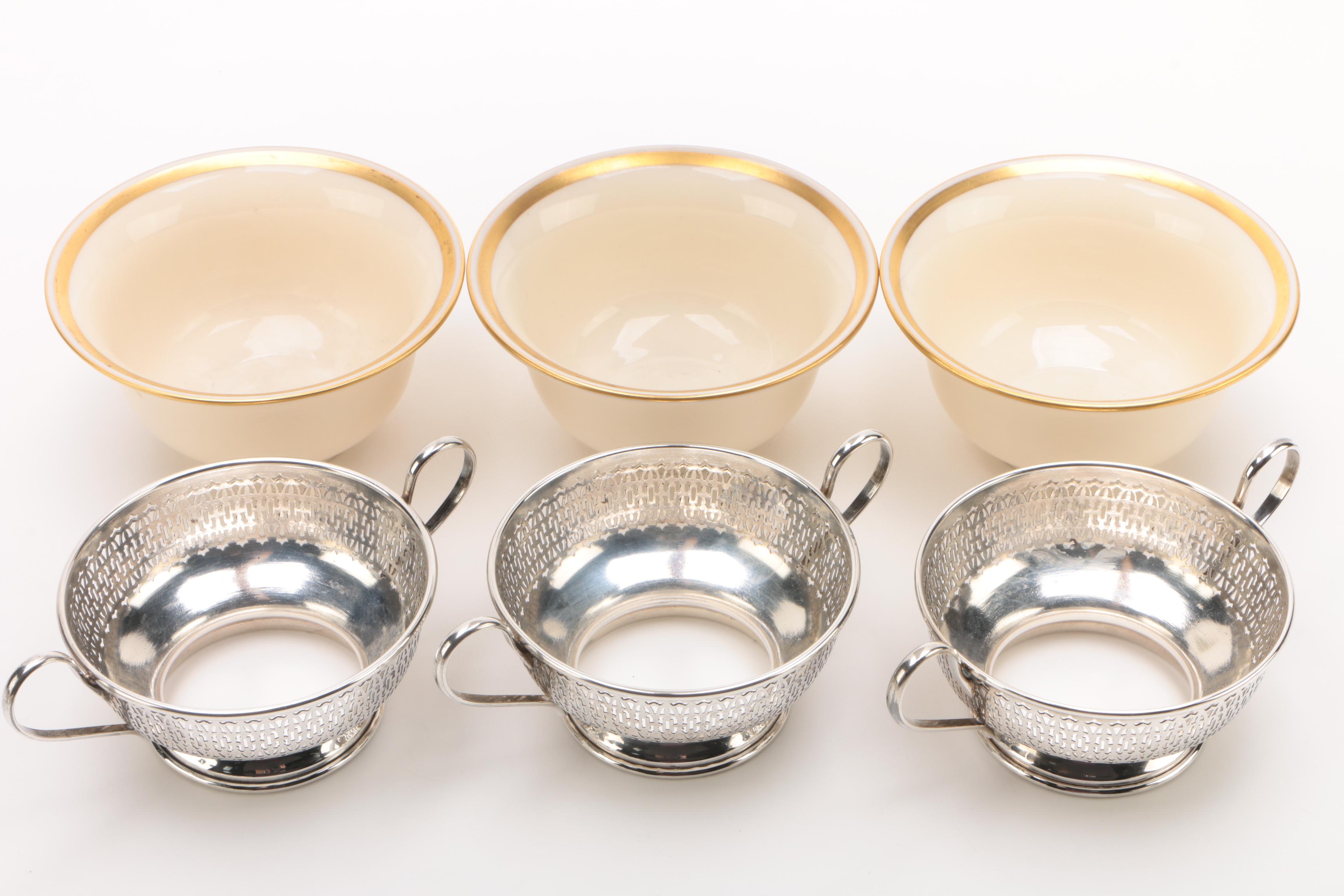 International Silver Co. Sterling Bouillon Cup Frames with Lenox Inserts