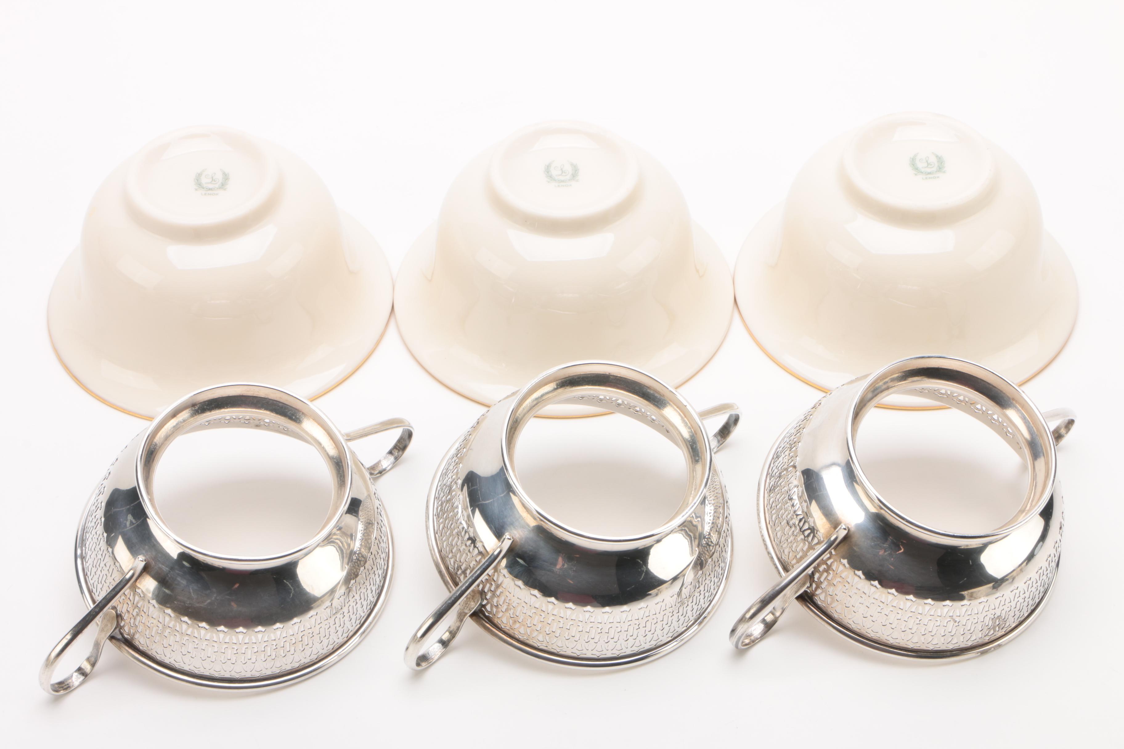 International Silver Co. Sterling Bouillon Cup Frames with Lenox Inserts