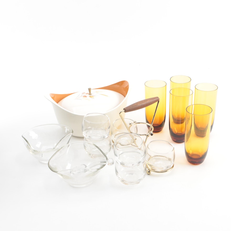 Mid-Century Condiment Caddy, Covered Serving Dish and Glass Tumblers