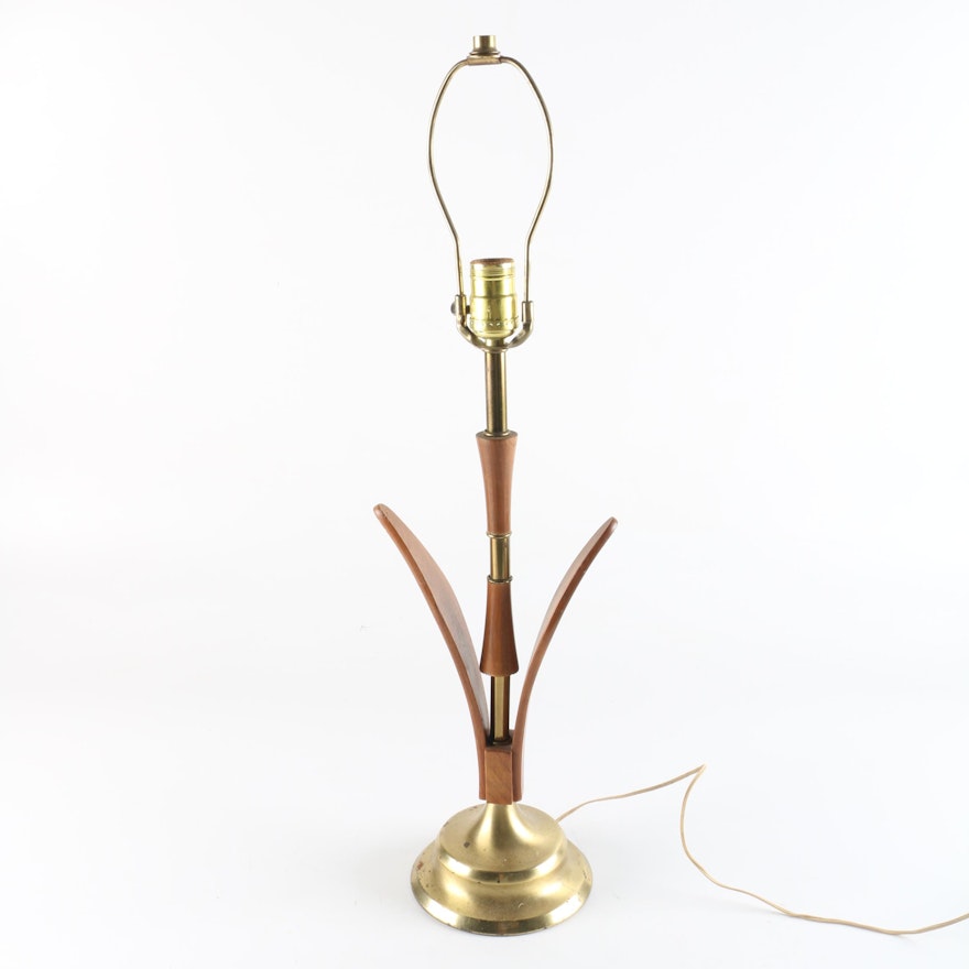 Mid Century Modern Teak and Brass Tone Table Lamp