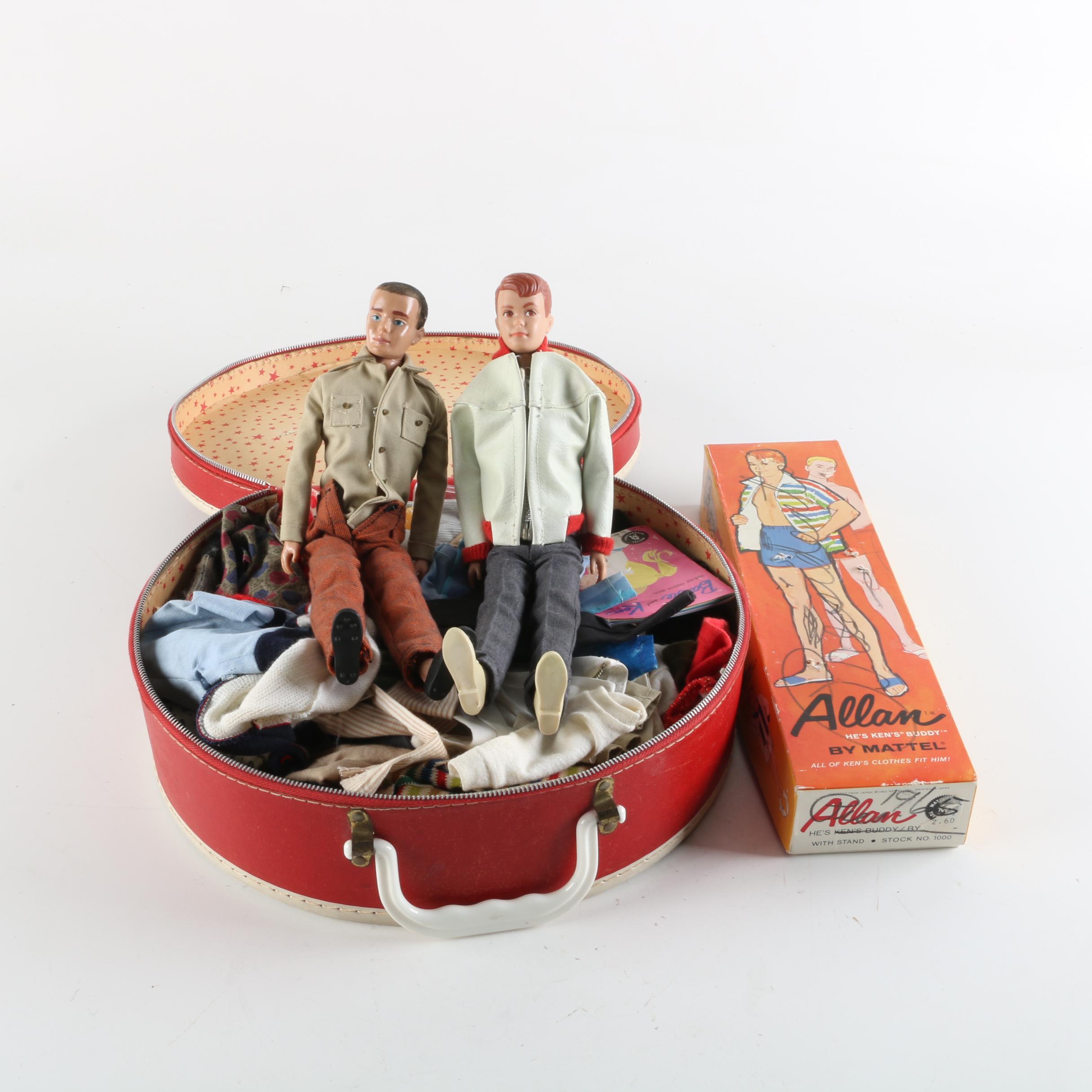 1960s Mattel "Allan" and "Ken" Dolls with Carrying Case and Accessories
