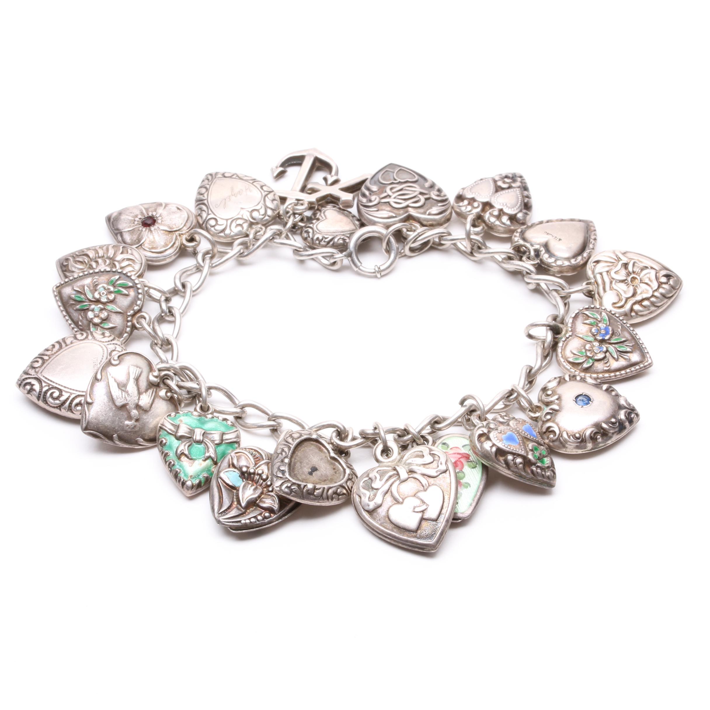 Antique Sterling Silver Heart Charm Bracelet