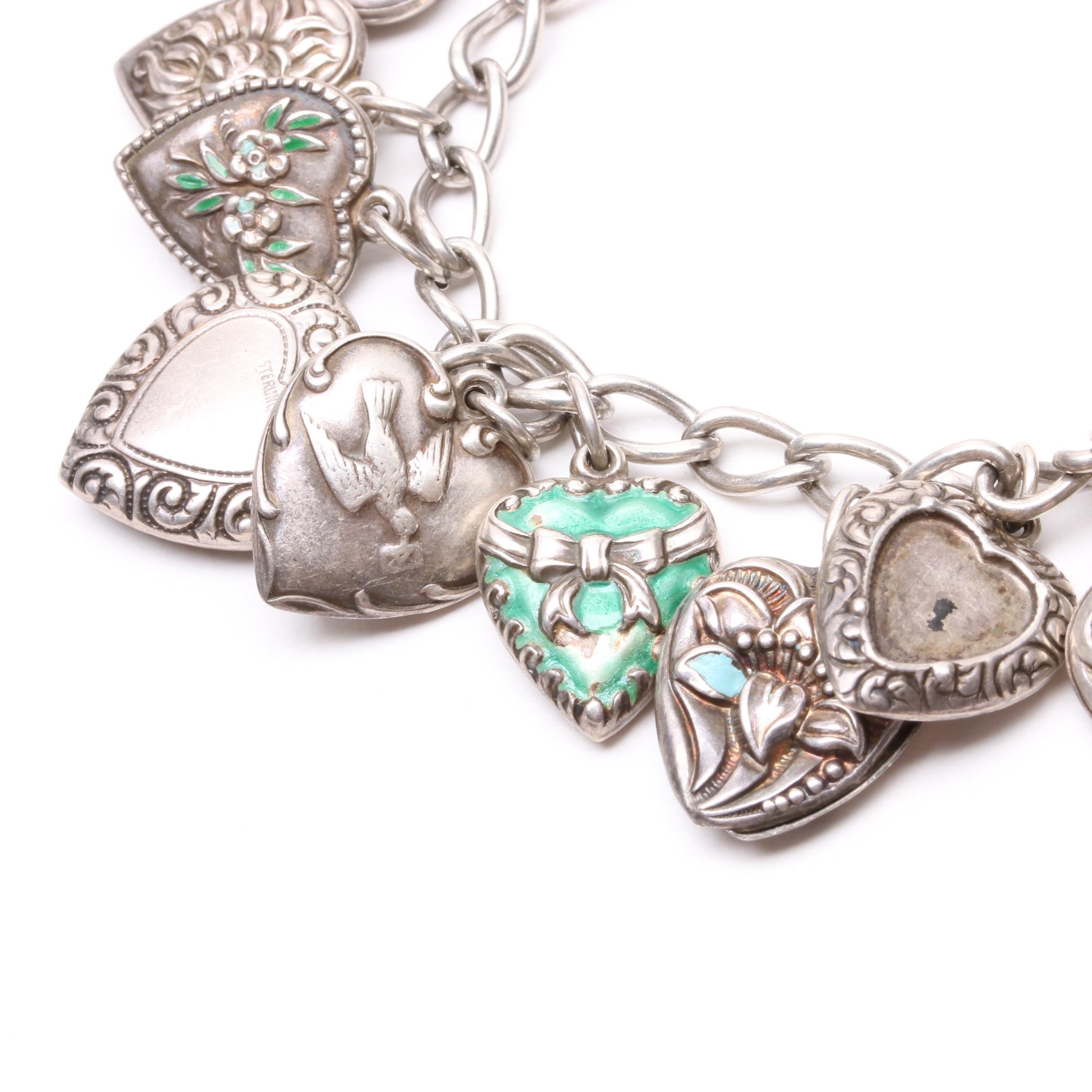 Antique Sterling Silver Heart Charm Bracelet