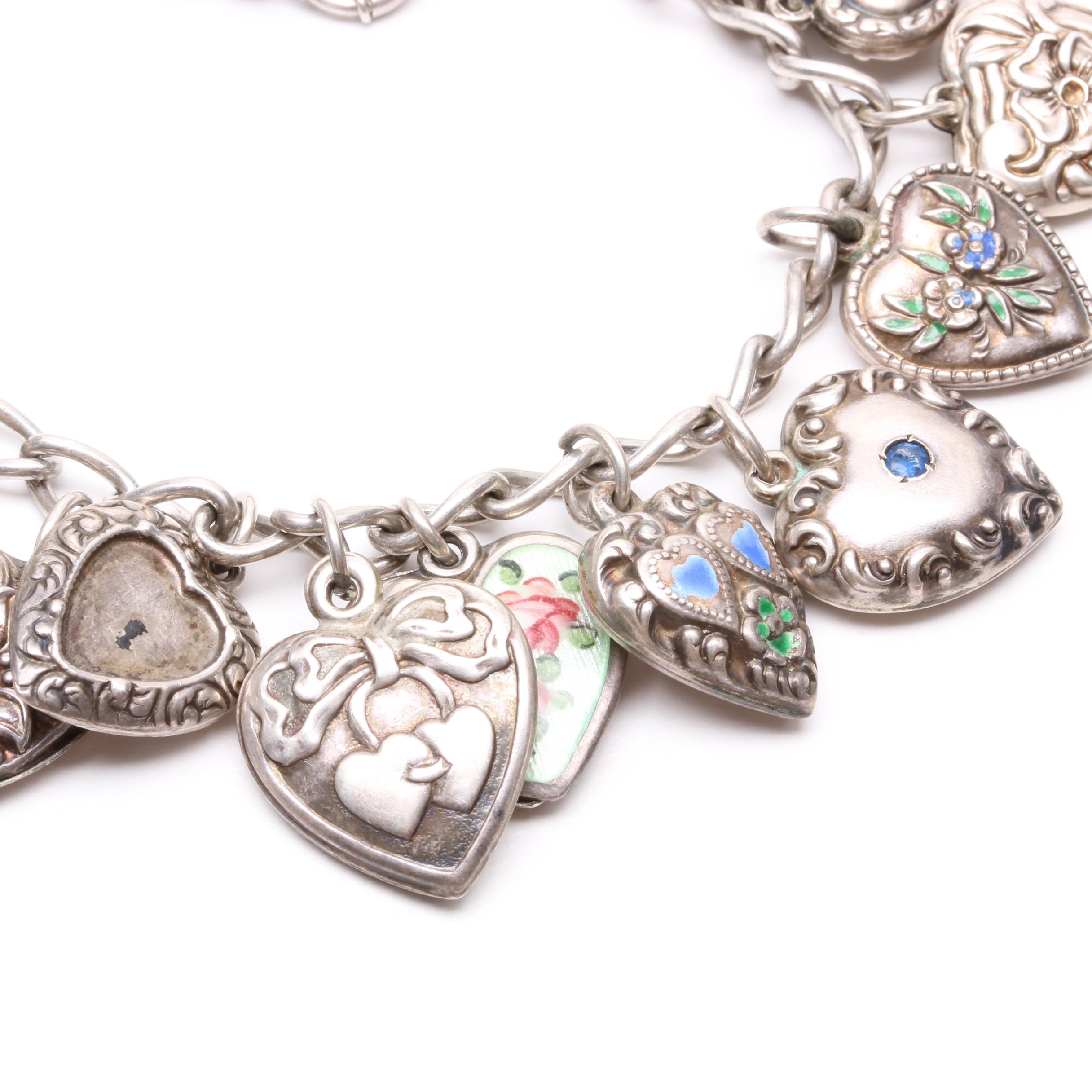 Antique Sterling Silver Heart Charm Bracelet