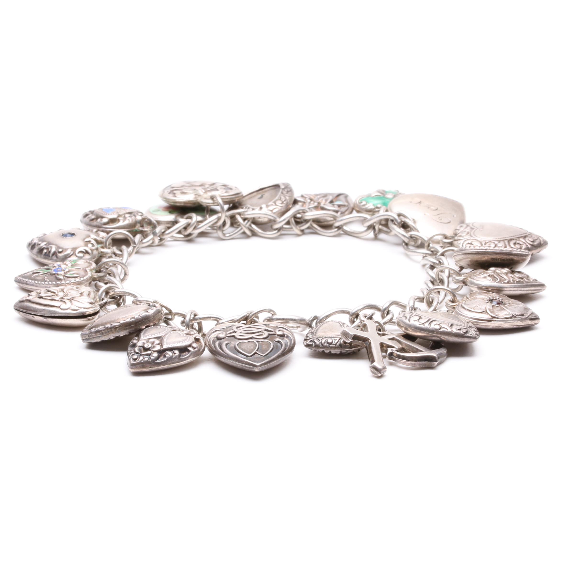 Antique Sterling Silver Heart Charm Bracelet