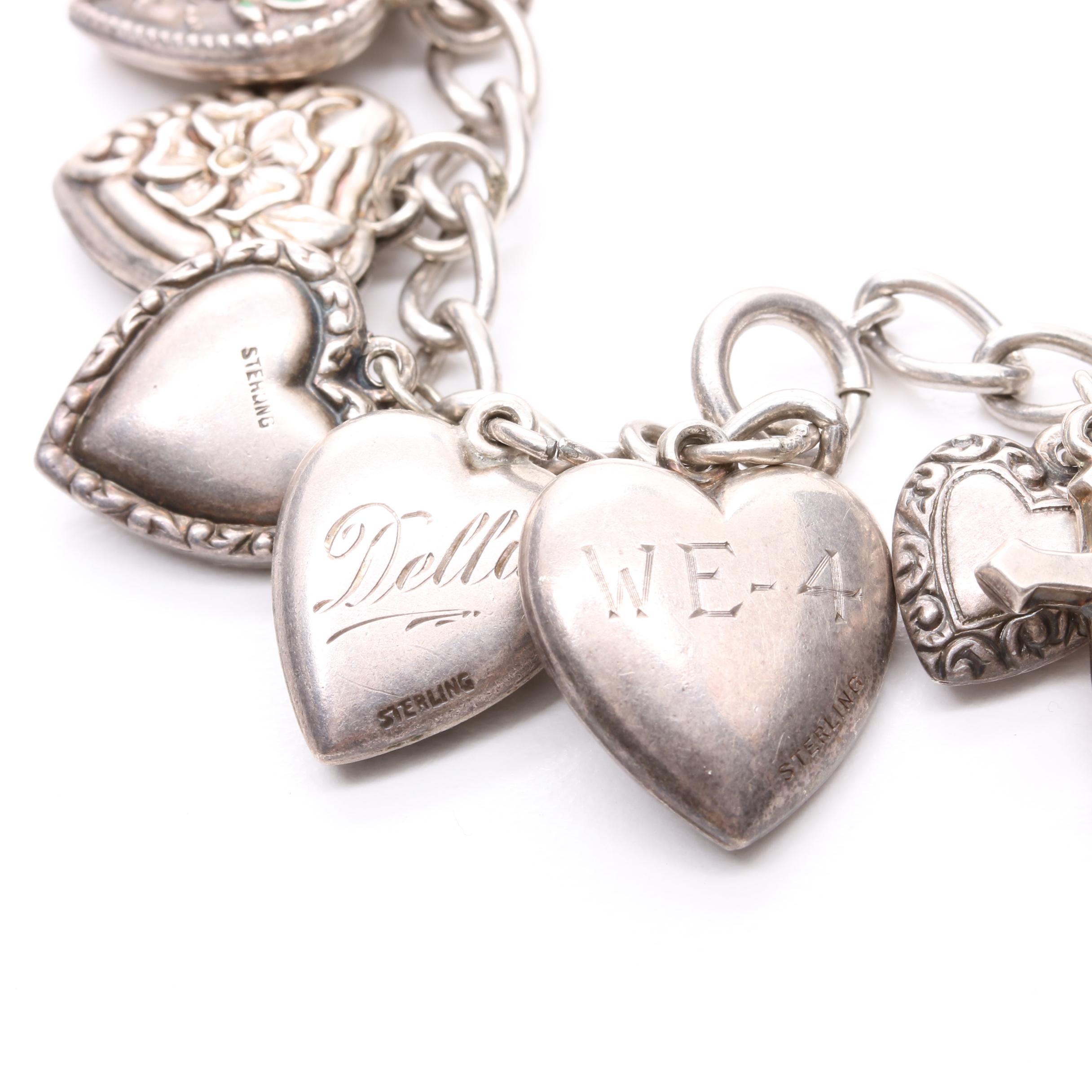 Antique Sterling Silver Heart Charm Bracelet