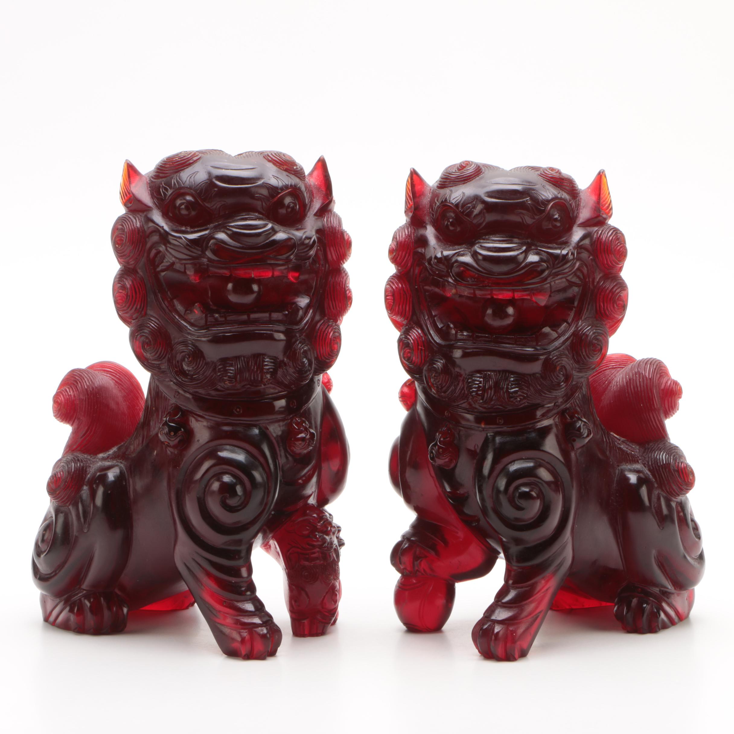 Chinese Translucent Red Resin Guardian Lion Figures