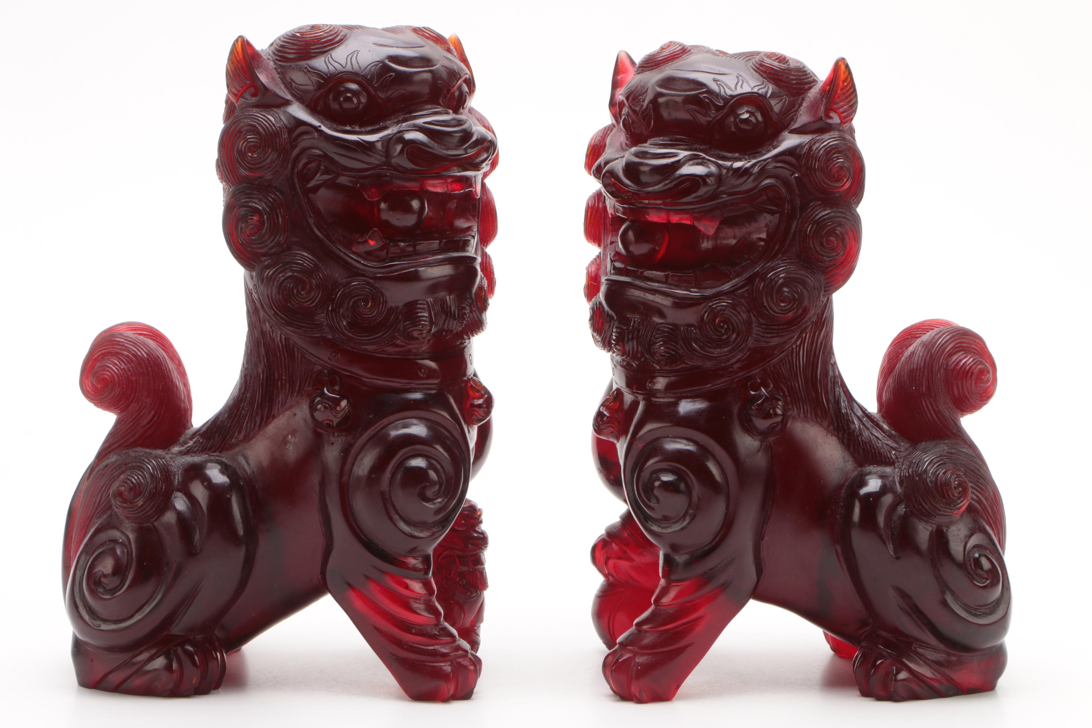 Chinese Translucent Red Resin Guardian Lion Figures