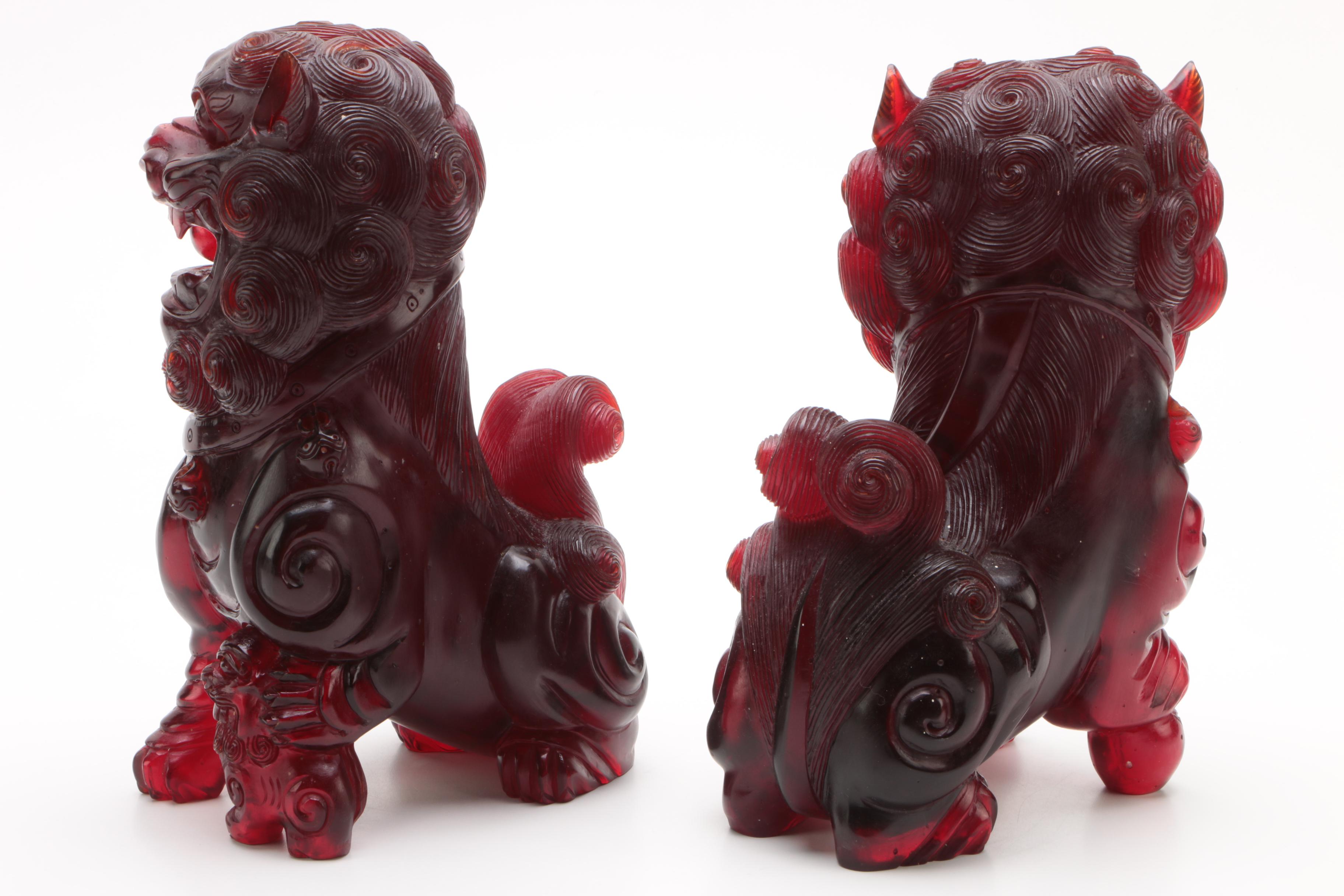 Chinese Translucent Red Resin Guardian Lion Figures