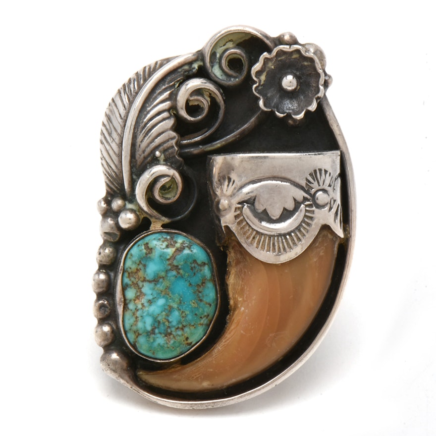Signed Southwest Style Sterling Silver Black Bear Claw and Turquoise Ring