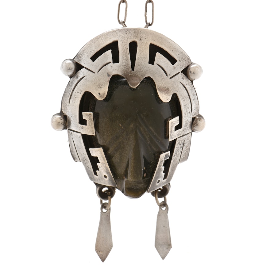 Mexican Sterling Silver Aztec Style Carved Sheen Obsidian Necklace