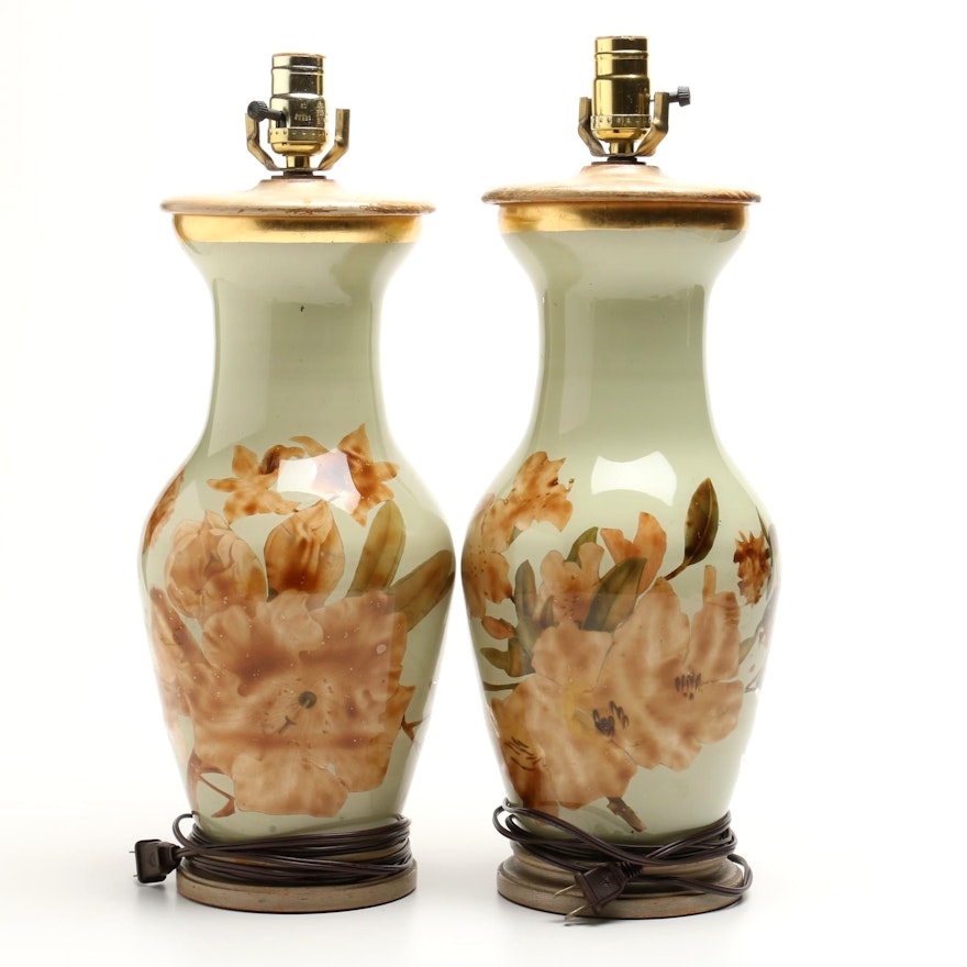 Vintage Reverse Painted Decoupage Glass Table Lamps