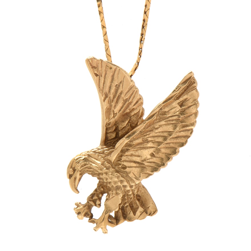 14K Yellow Gold Figural Eagle Pendant Necklace