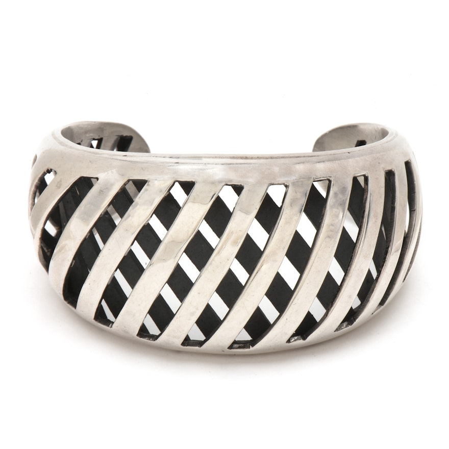 Mexican Sterling Silver Diagonal Shadowbox Cuff Bracelet