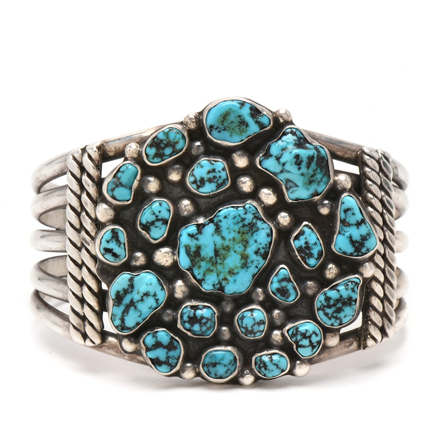Southwestern Style Sterling Silver Stabilized Turquoise Wide Cuff Bracelet