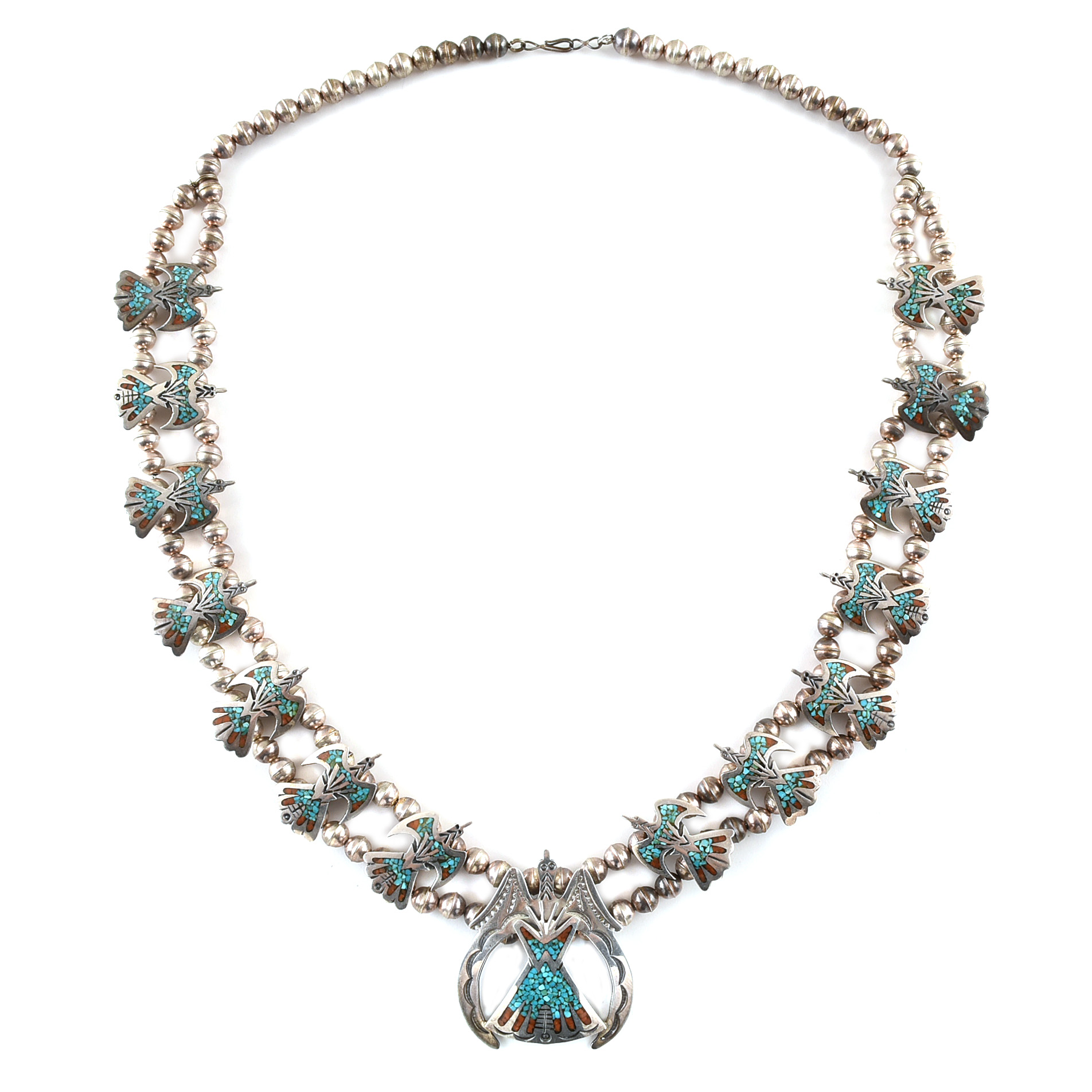 Darryl Dean Begay Navajo Diné Sterling Peyote Bird Squash Blossom Necklace