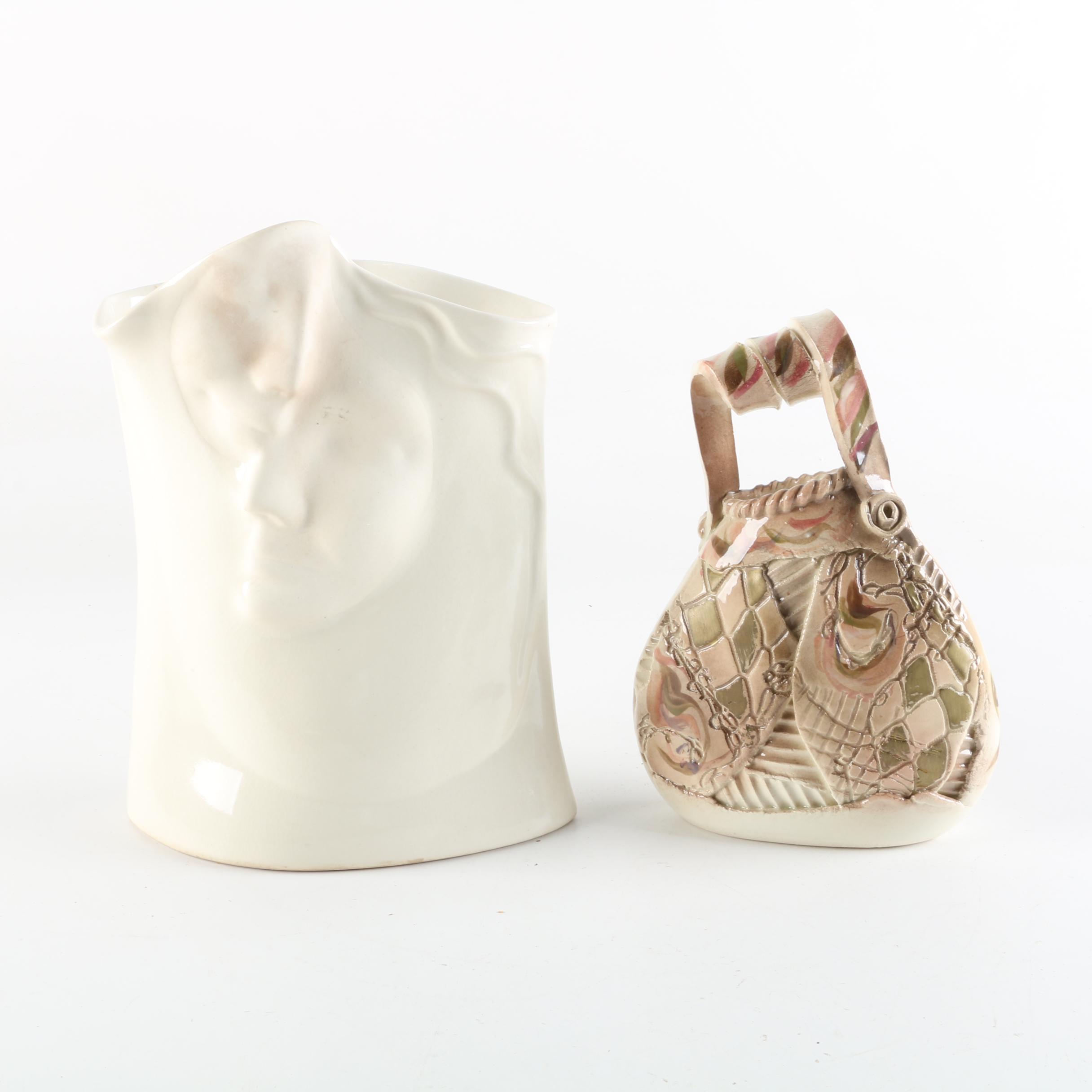 Signed Gail Markiewicz Handbuilt Ceramic Purse Vase and Lund Face Vase