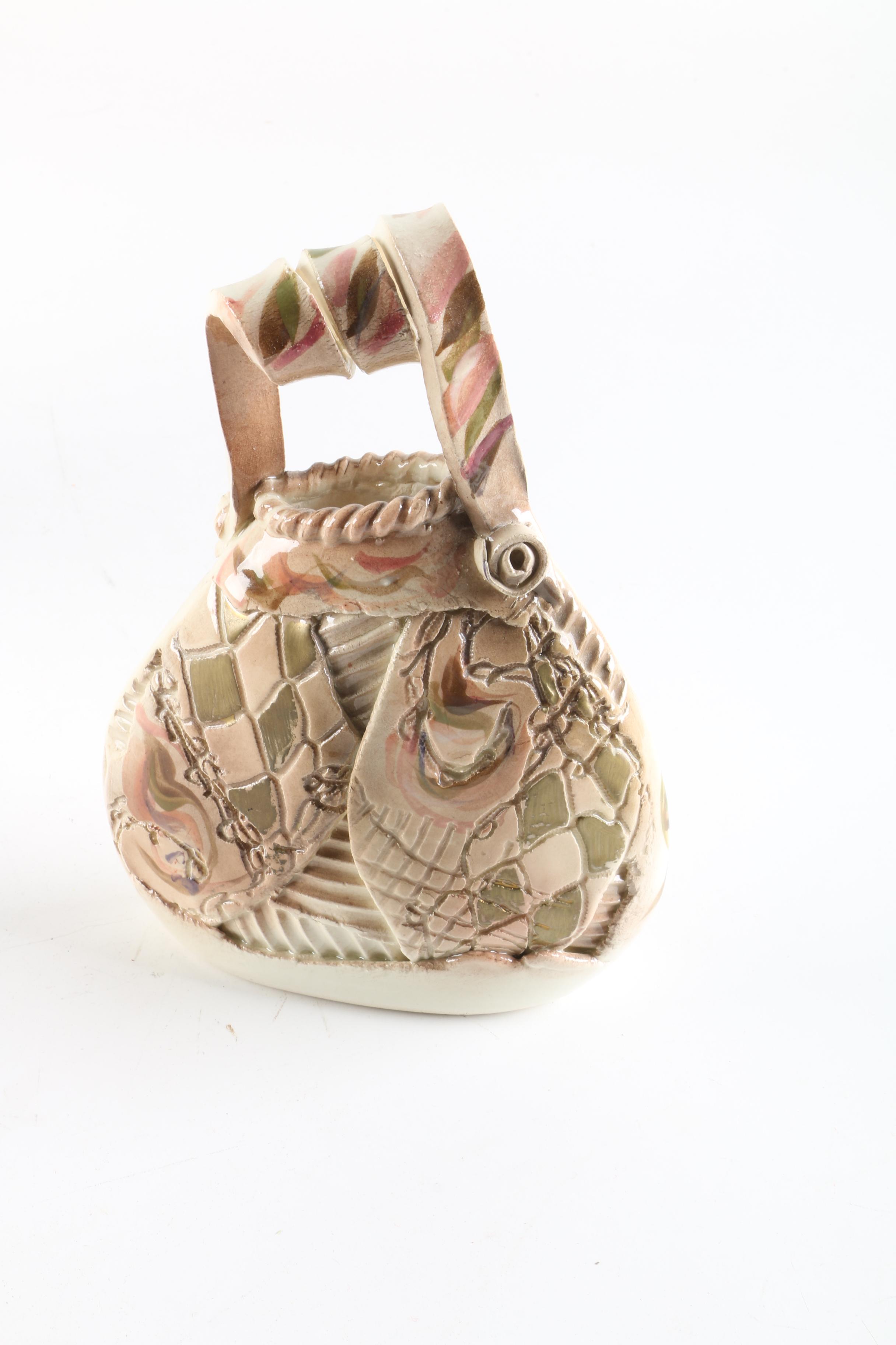 Signed Gail Markiewicz Handbuilt Ceramic Purse Vase and Lund Face Vase