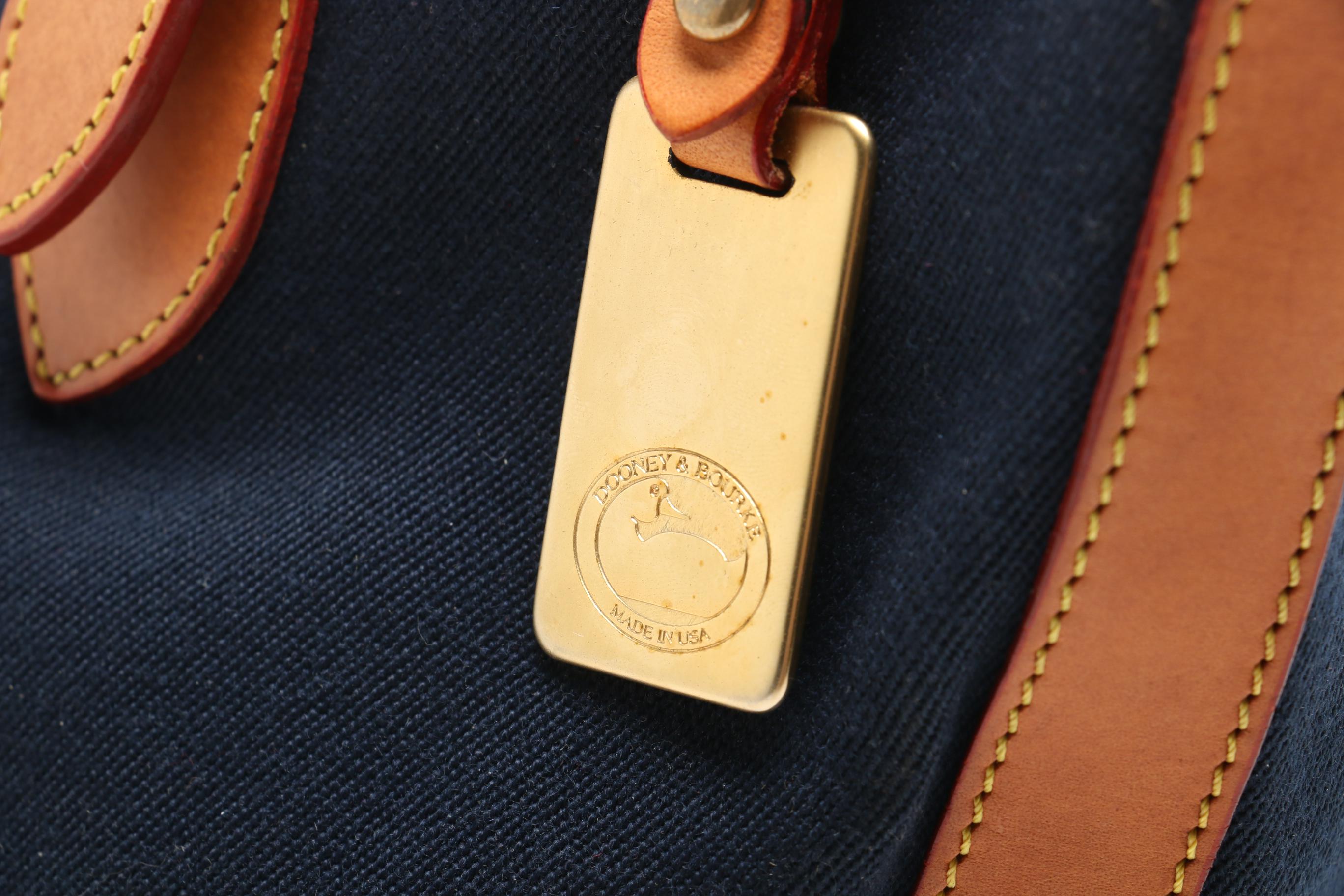 Dooney & Bourke Navy Blue Canvas and Tan Leather Tote