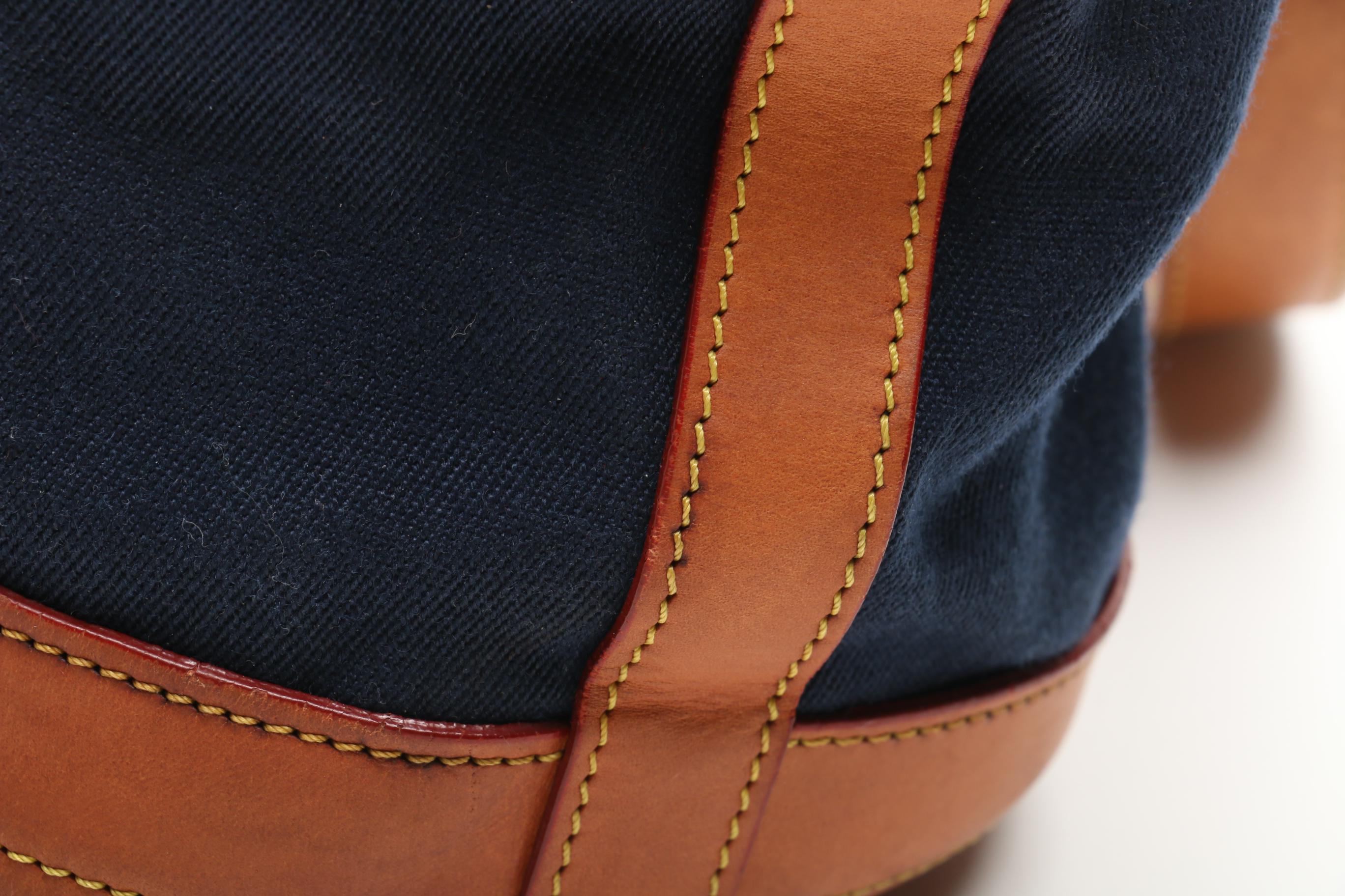Dooney & Bourke Navy Blue Canvas and Tan Leather Tote