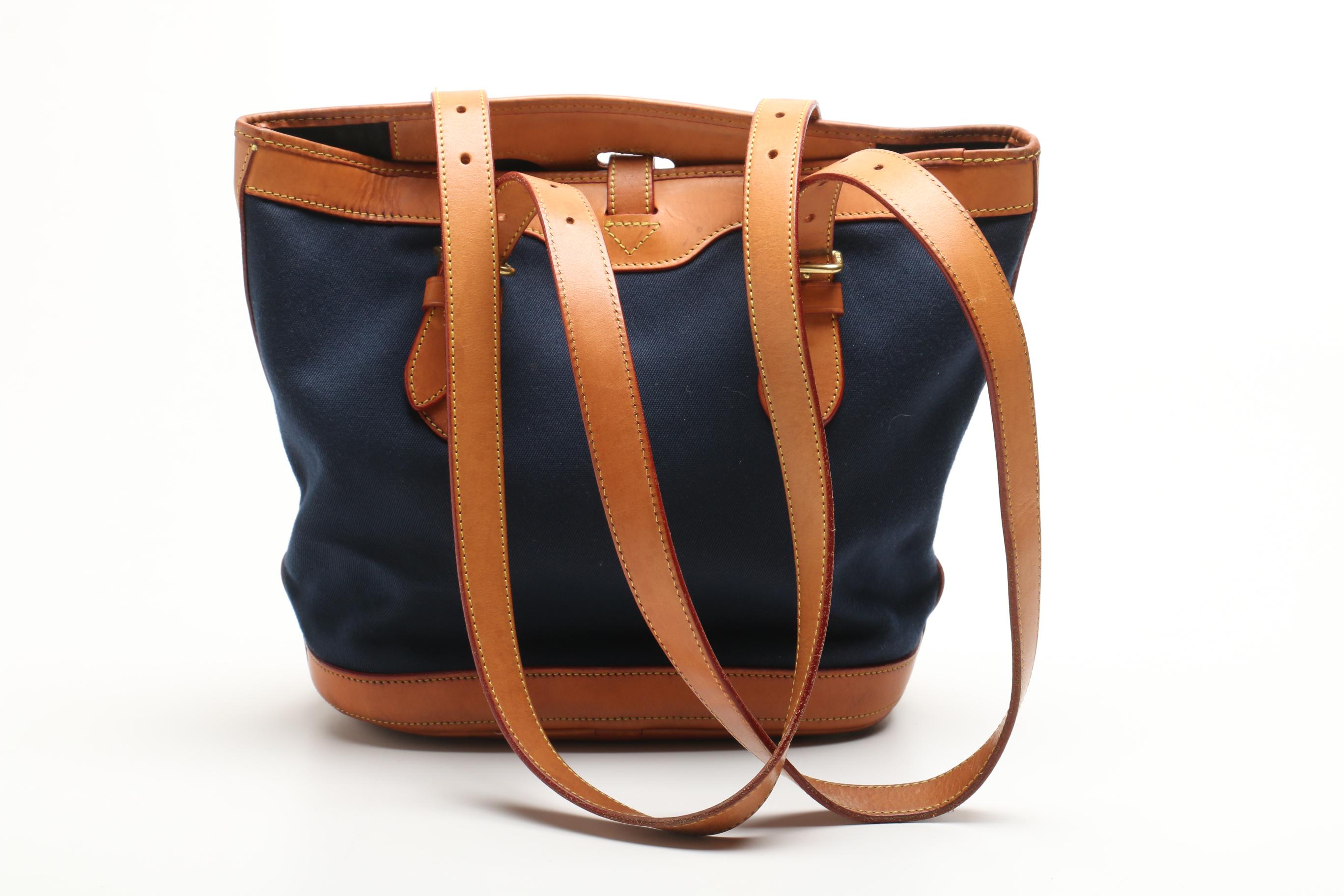 Dooney & Bourke Navy Blue Canvas and Tan Leather Tote