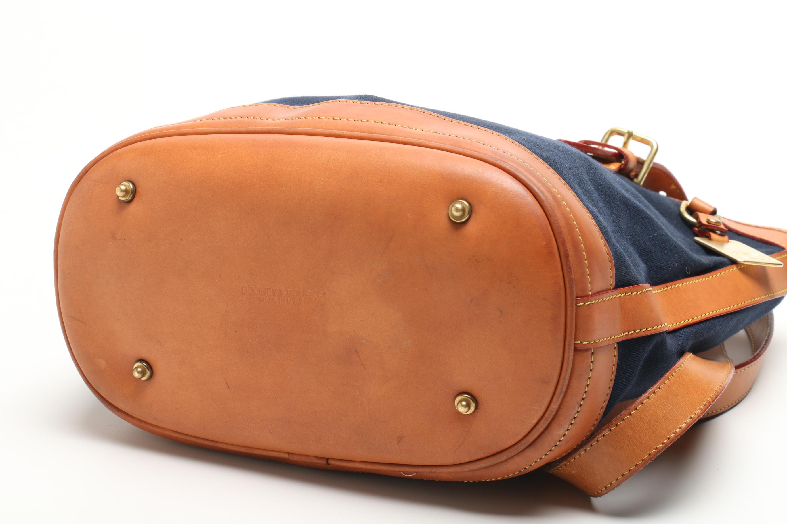 Dooney & Bourke Navy Blue Canvas and Tan Leather Tote