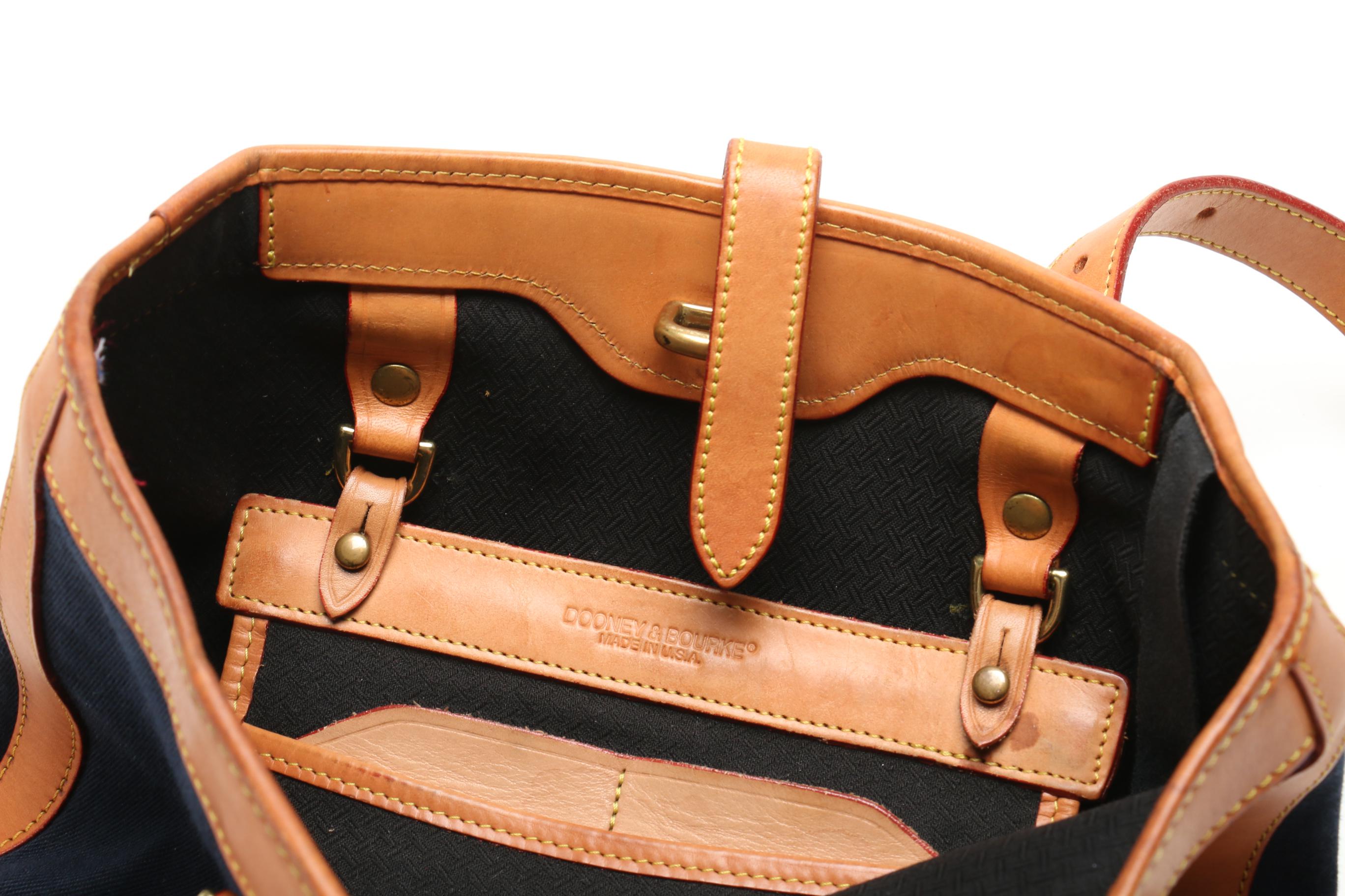 Dooney & Bourke Navy Blue Canvas and Tan Leather Tote