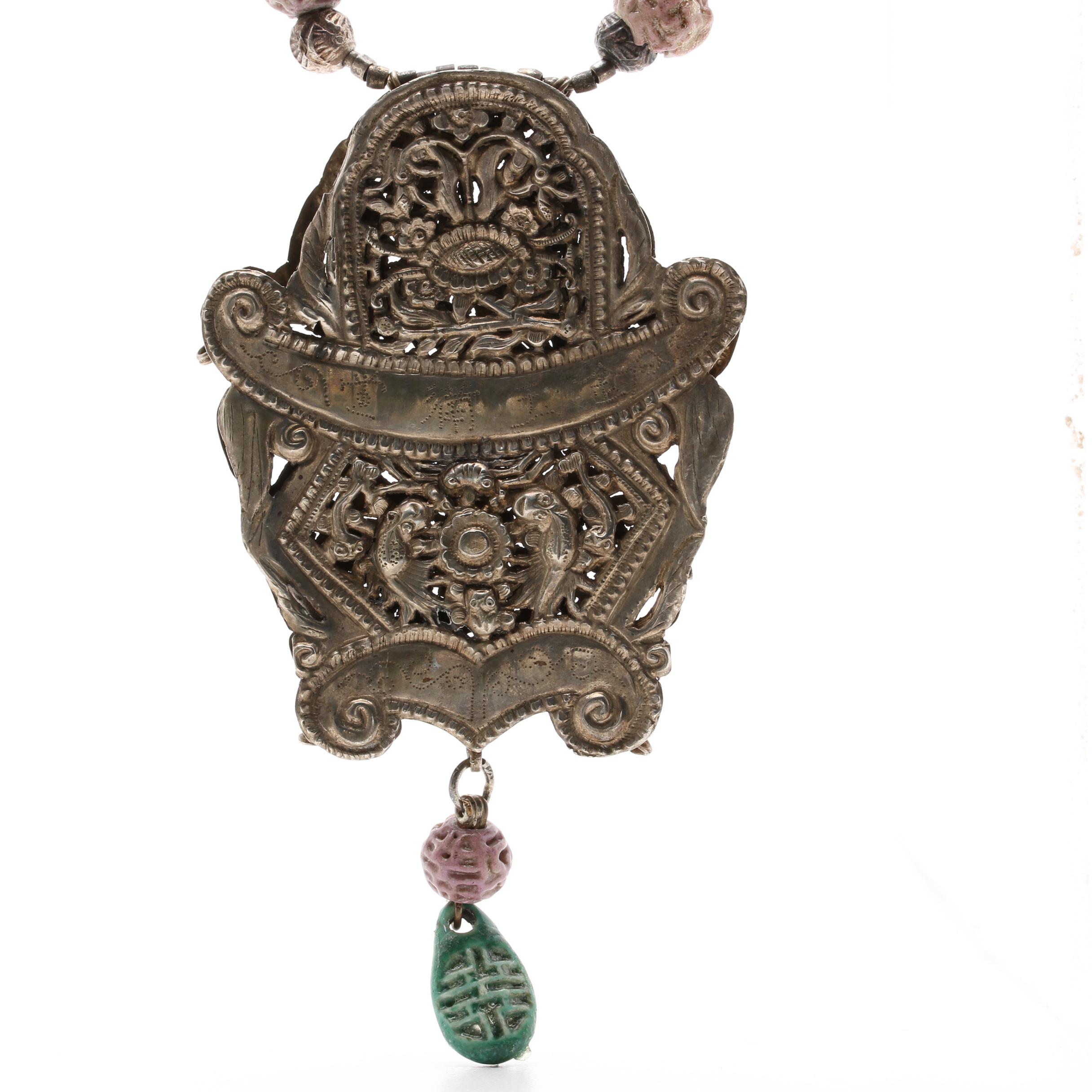 Vintage Chinese Talisman Necklace with Hand-Carved Beads