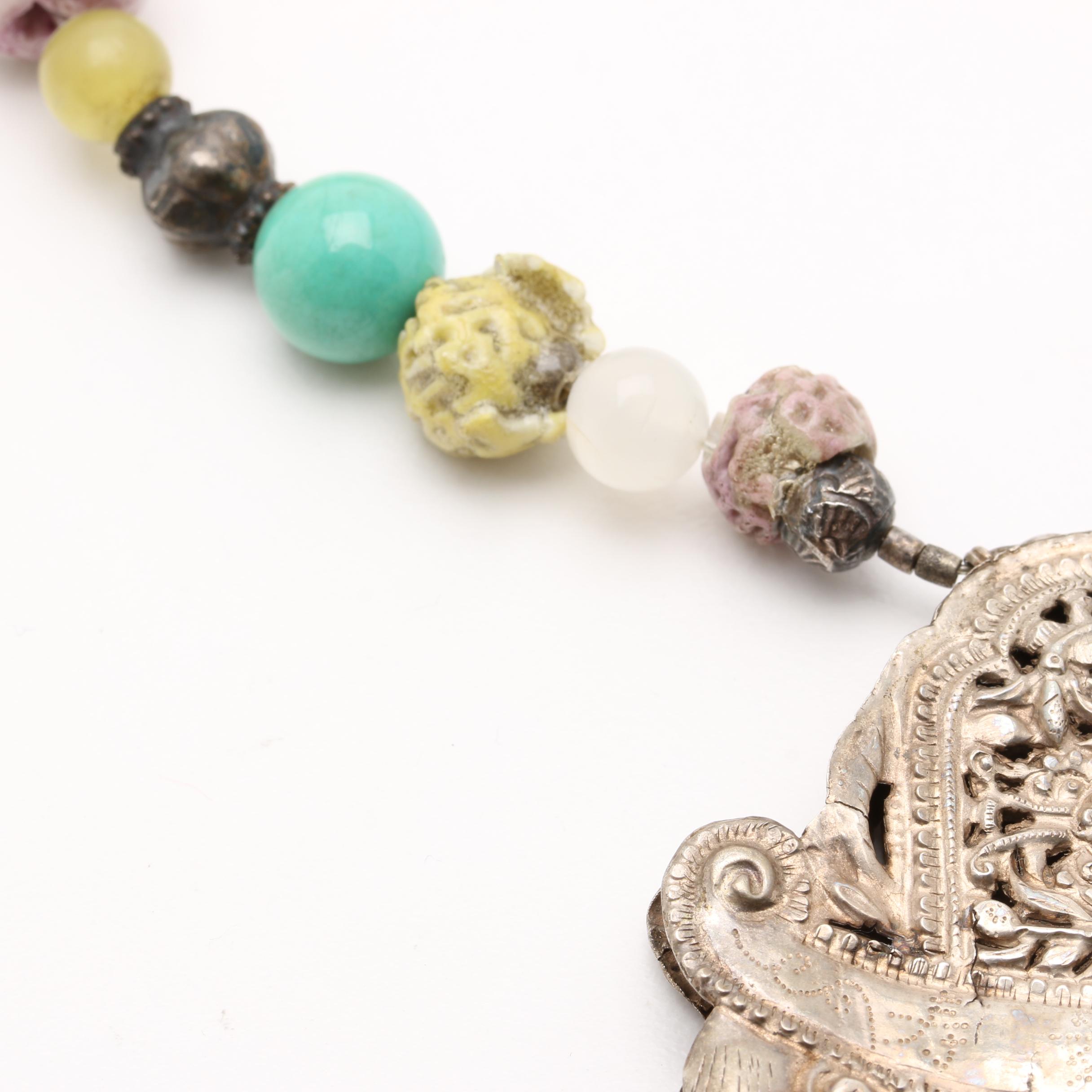 Vintage Chinese Talisman Necklace with Hand-Carved Beads